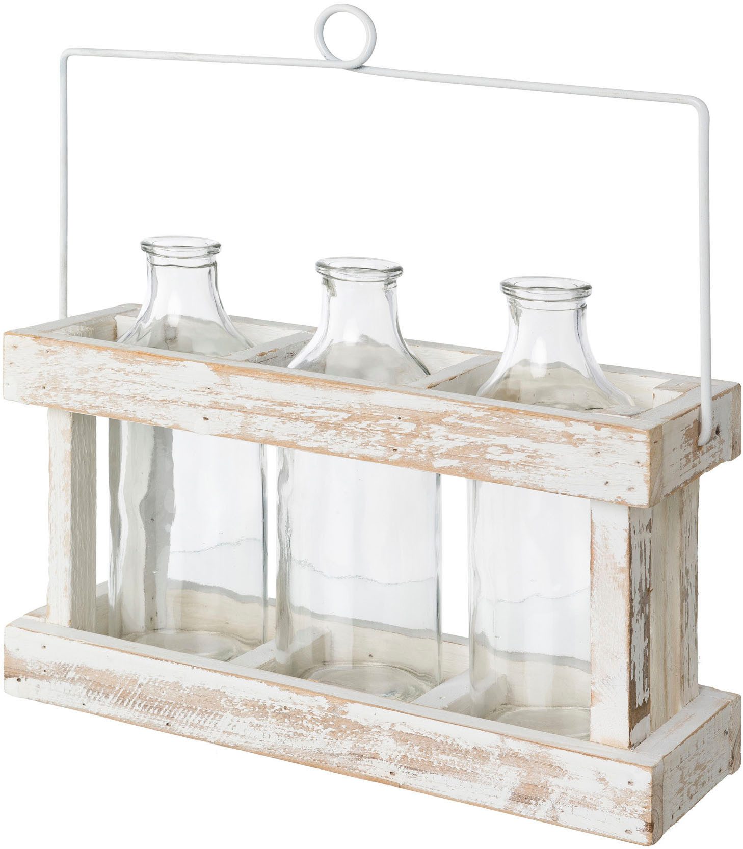 Creativ home Dekovase Holzbox mit 3 Glasflaschen (1 St), mit dekorativem Henkel
