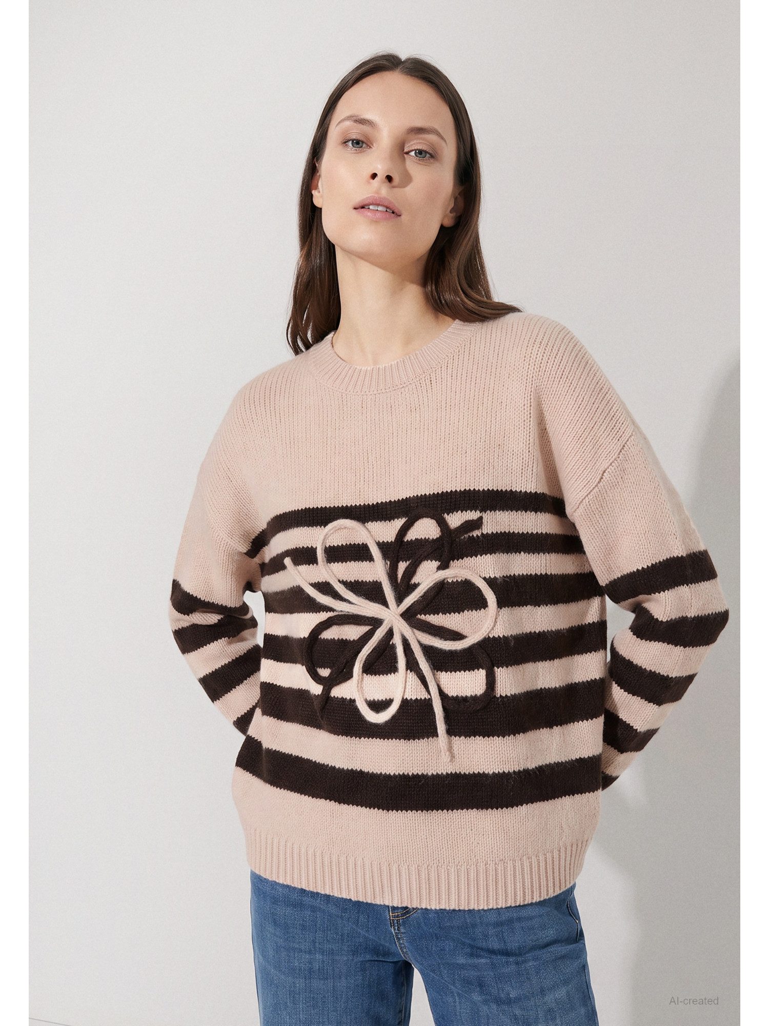 MORE&MORE Rundhalspullover gestreifter Pullover, Applikation