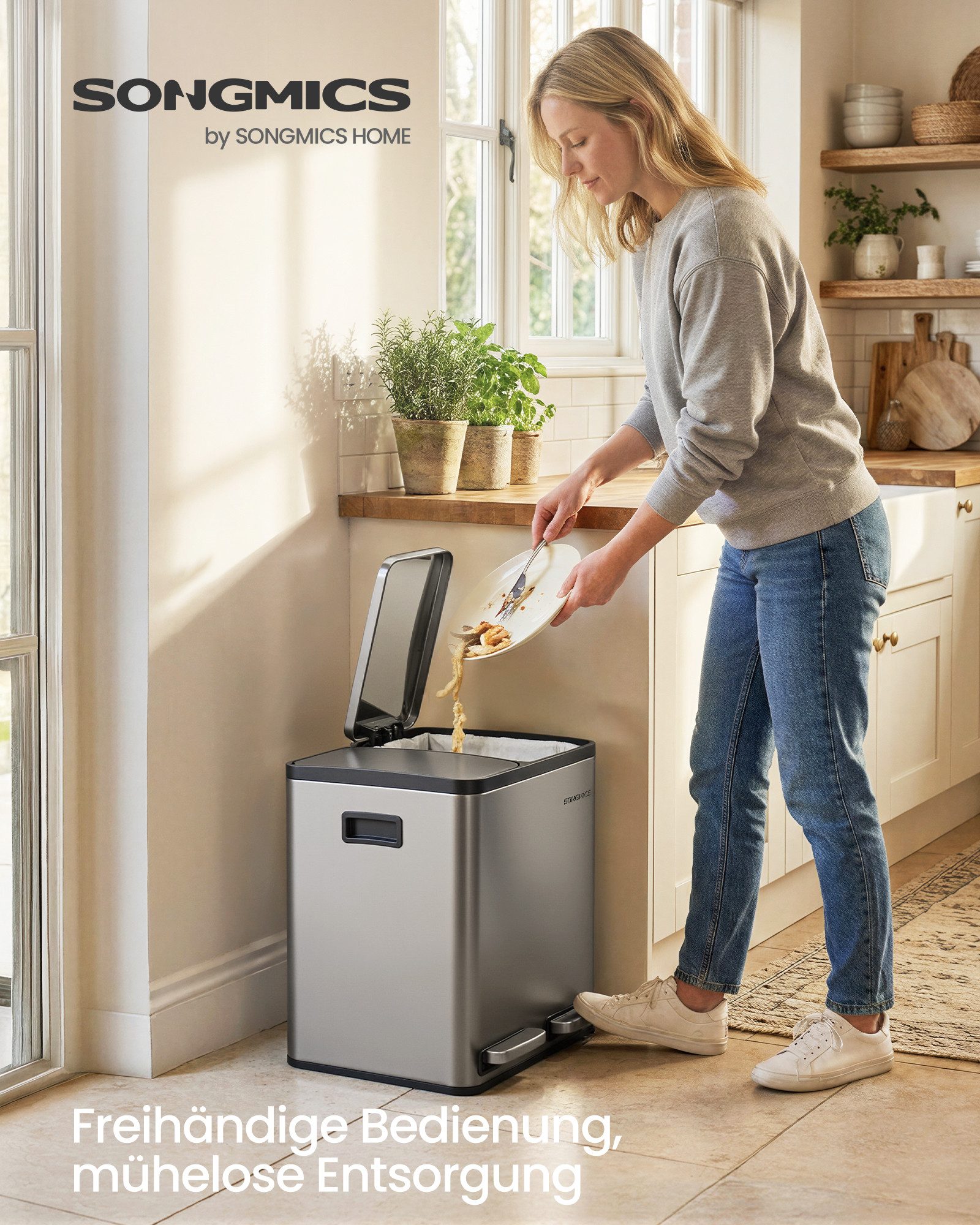 SONGMICS Mülleimer Abfalleimer 2 oder3 Fächer, Mülleimer 30L 54L 60L, Tretmülleimer Softclose-Deckel, herausnehmbare Inneneimer