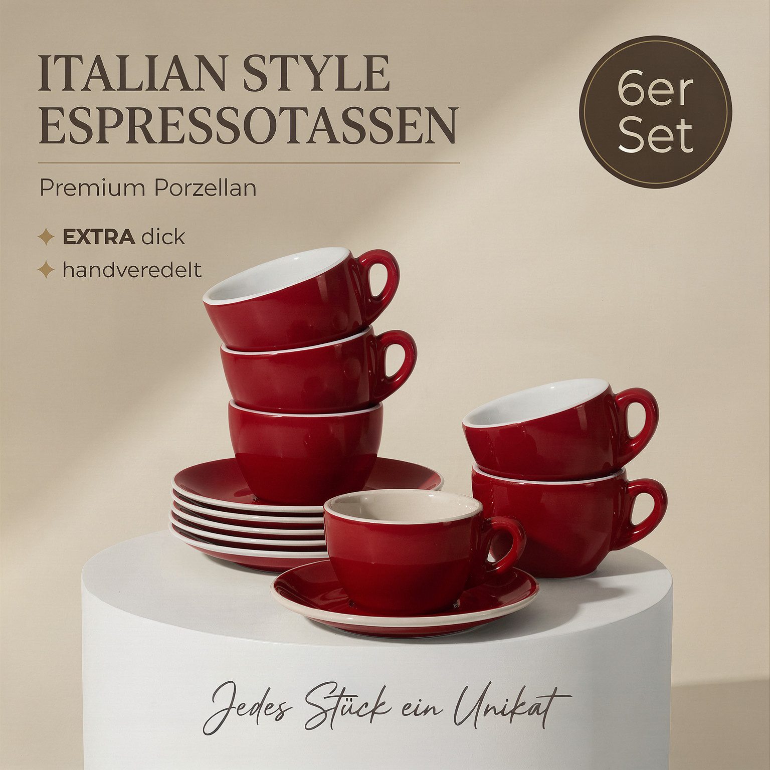MUVELL Espressotasse 6x Espressotassen & Untertassen Set 0,8 cm dickwandig, rot, 6-tlg., Keramik, 60 ml rot mit weißen Rand und Innenfläche