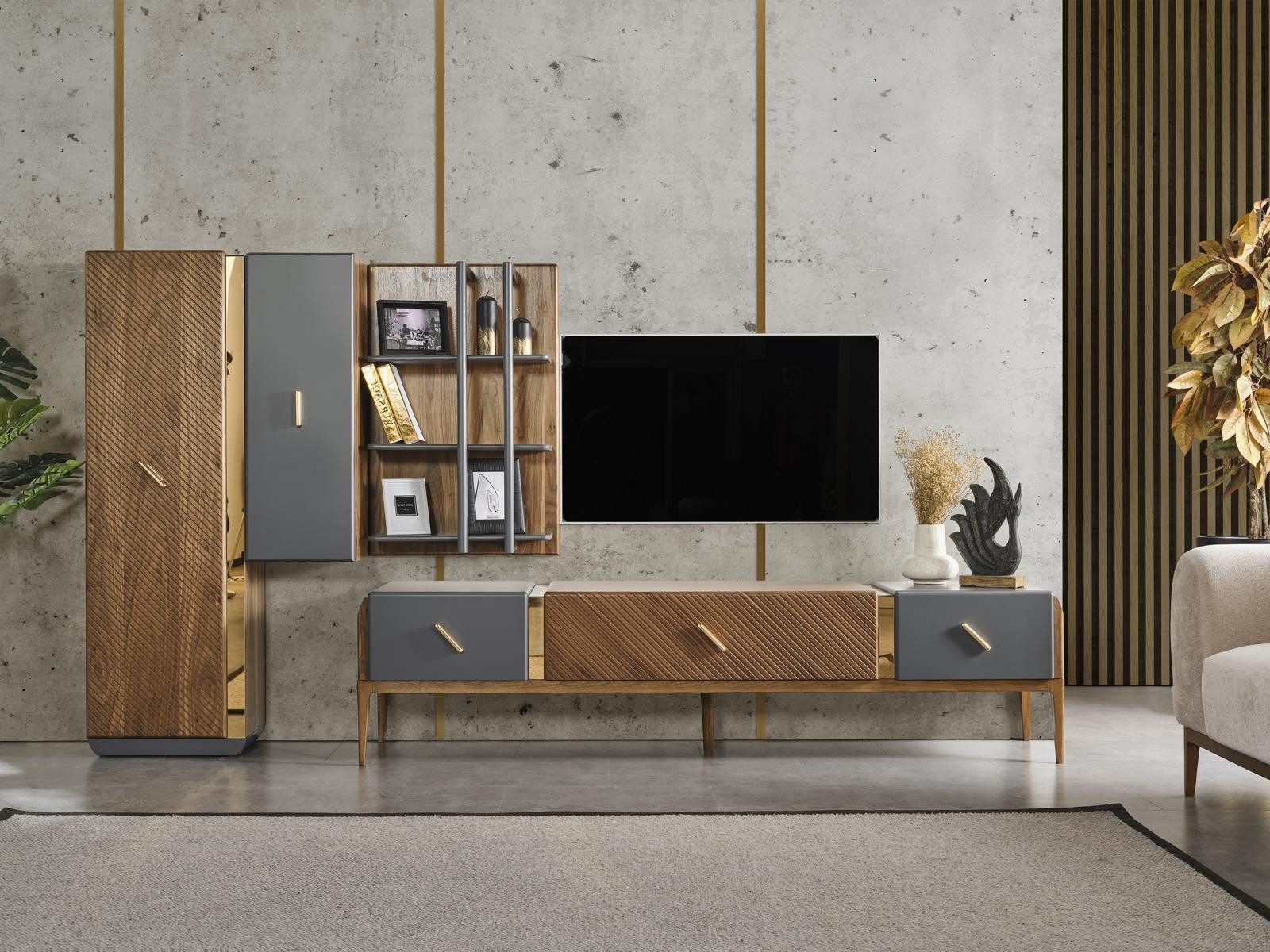 Wohnwand Wohnzimmermöbel-Set TV-Ständer RTV Lowboard Sideboard Regale Holz
