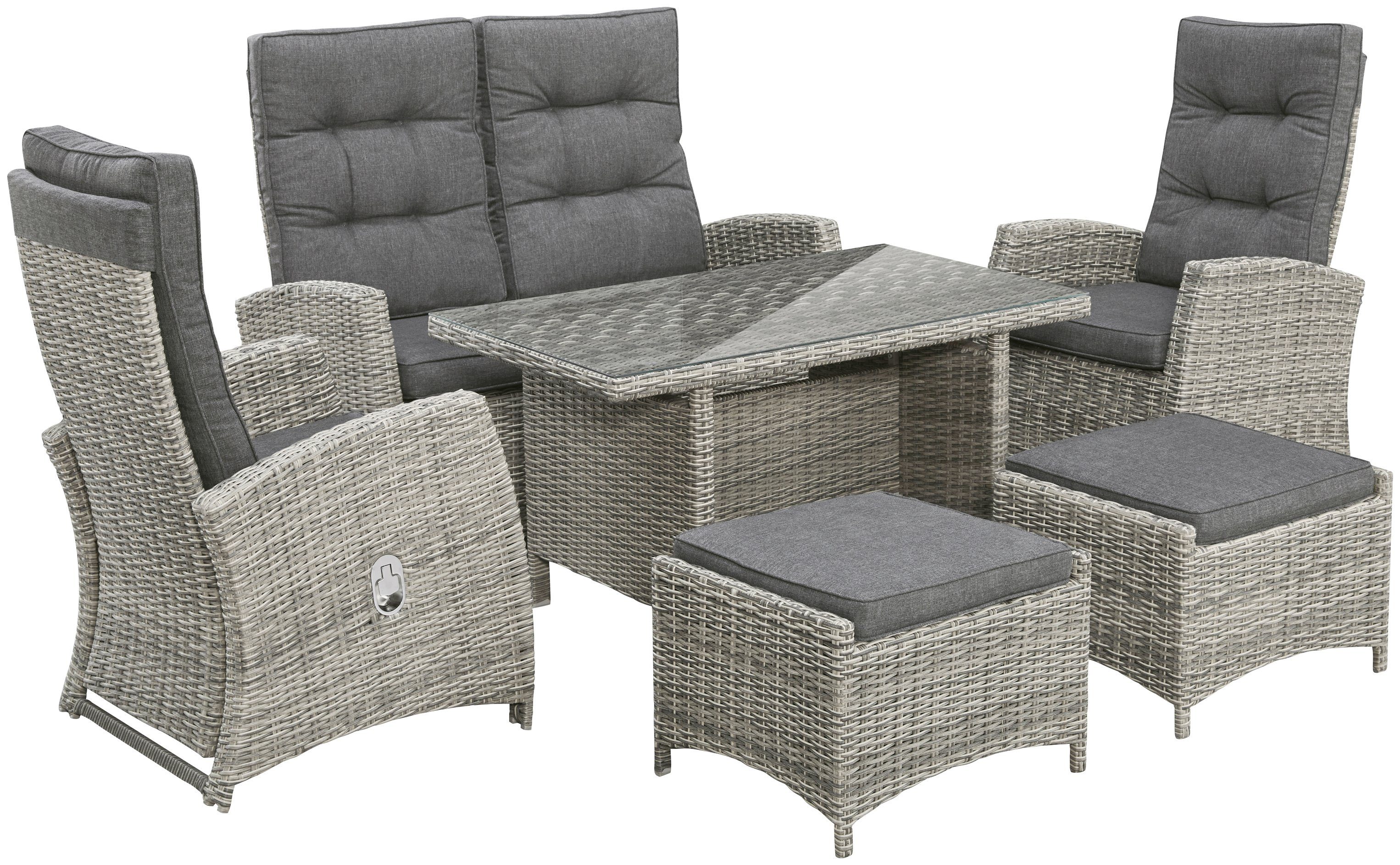 KONIFERA Garten-Essgruppe Monaco, (Set, 16-tlg., 1x2er Sofa, 2x Sessel, 2x Hocker, 1x Tisch 120x70x66cm, inkl. Auflagen), Polyrattan, Aluminium, Rückenlehne verstellbar, Grau