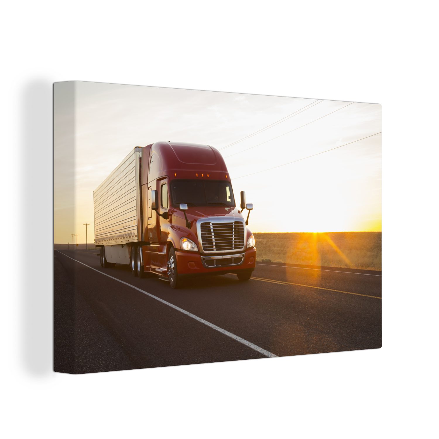 OneMillionCanvasses® Leinwandbild Roter Lastwagen bei Sonnenuntergang, (1 St), Wandbild Leinwandbilder, Aufhängefertig, Wanddeko, 30x20 cm