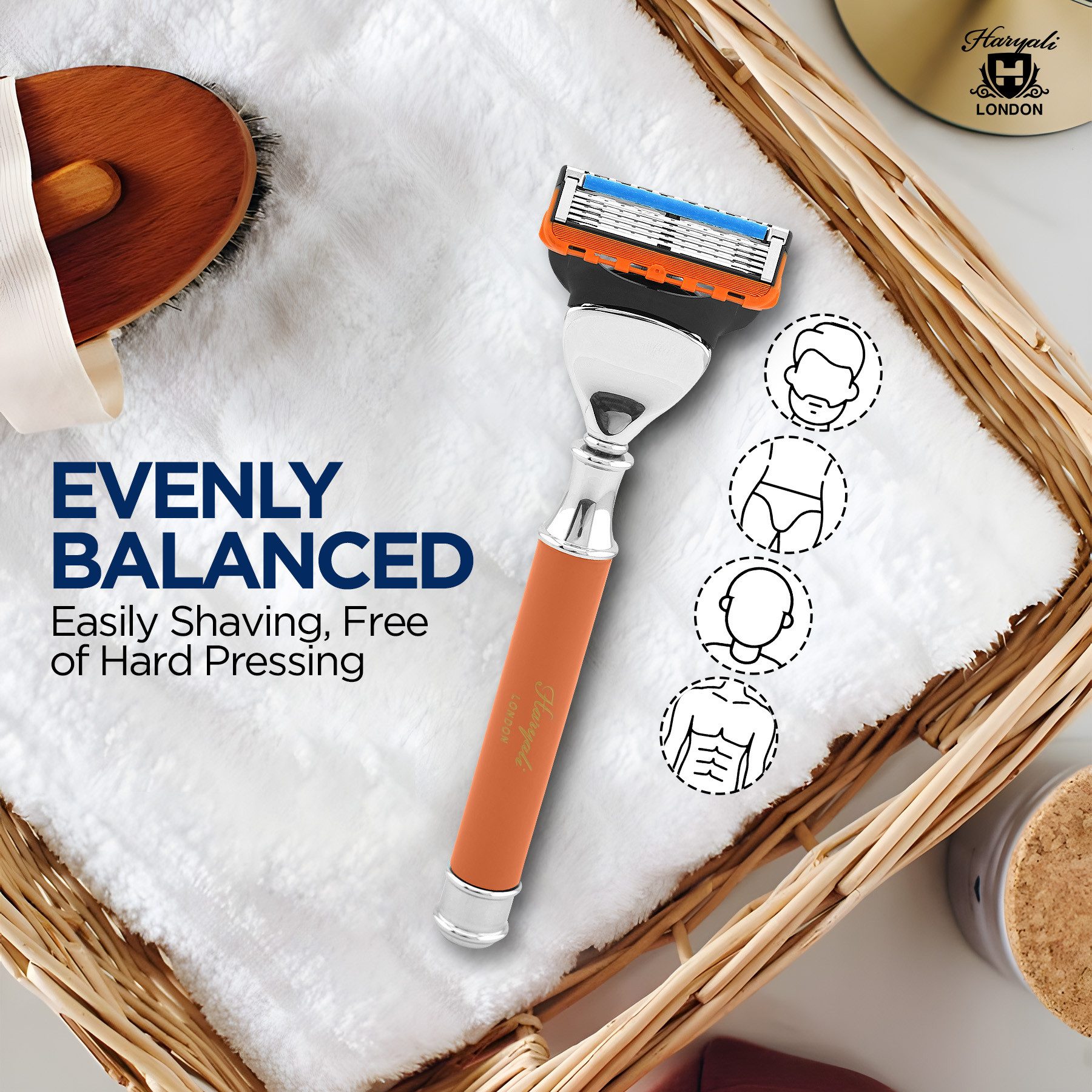 Haryali London Nassrasierer 5-Klingen-Unisex-Rasierer, Vibrant, Körper und Gesicht, Orange, Pack, Rasiermesser mit Klinge und hochwertiger messing-silberner Oberfläche, Abwaschbarer, rutschfester Griff. Passt auf alle Fusion5-Rasierer.