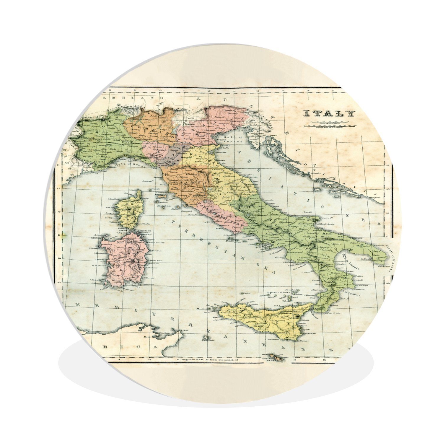 MuchoWow Gemälde Vintage-Karte von Italien, (1 St), Kreis Wanddekoration Forex, Rundes Wandbild, Wohnzimmer, 30x30 cm