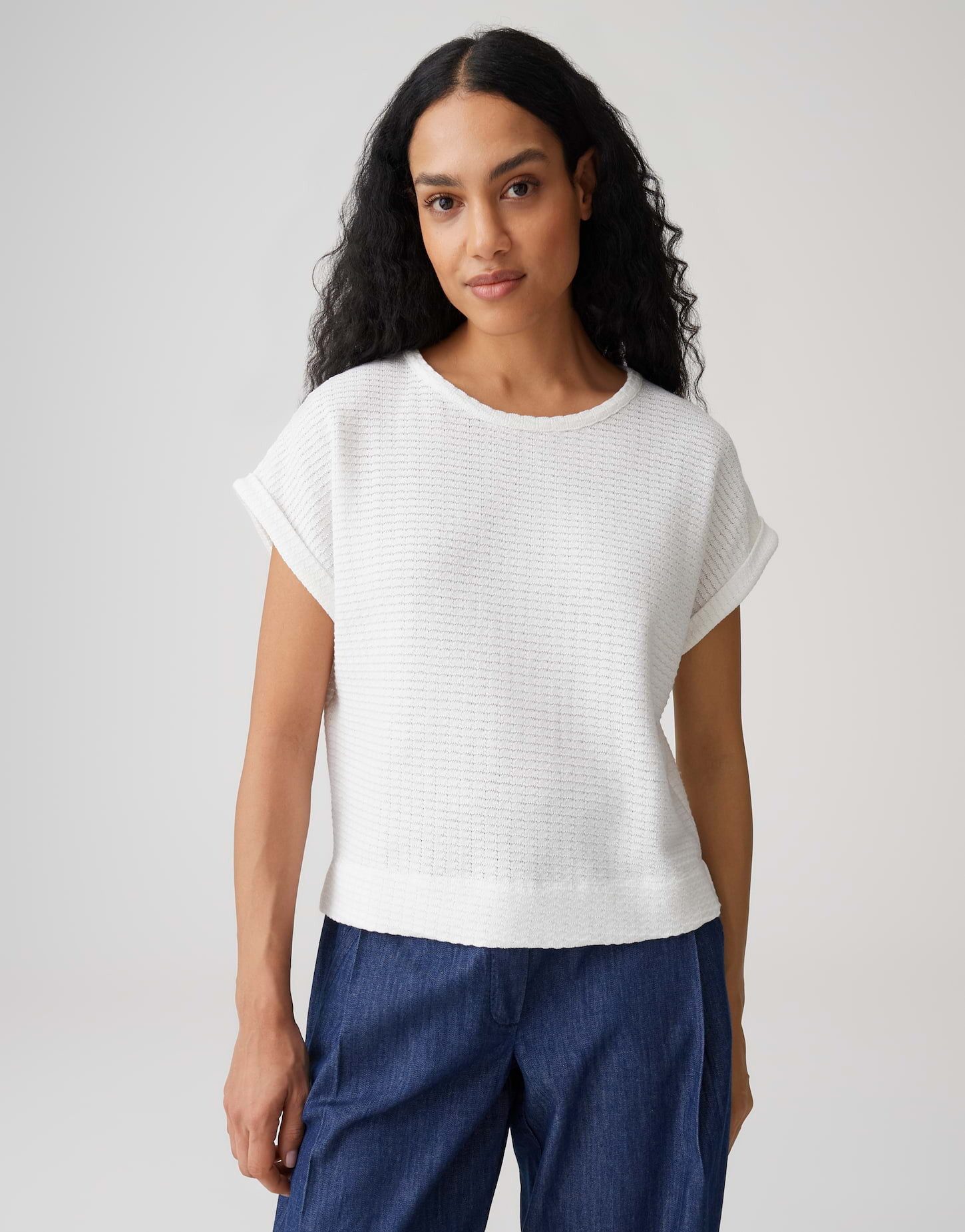 OPUS Shirttop Sishell aus Jersey mit Wabenstruktur Aufschlag am Ärmel, leichte Transparenz, weicher Griff, Casual
