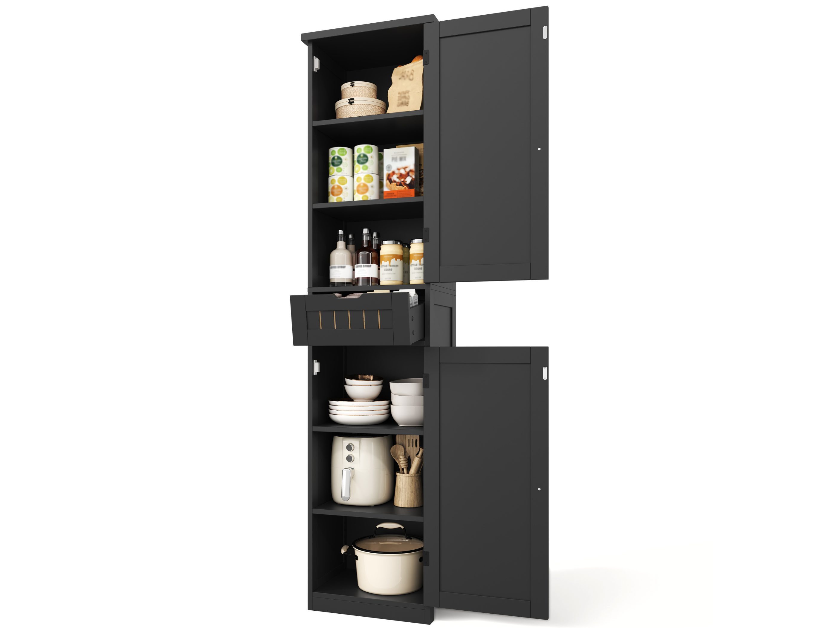 SeedWave Buffet Küchenschrank 40x30x170 cm mit 6 Fächern und Schublade Retro-Türfronten mit Rillenoptik für Geschirr und Gewürze