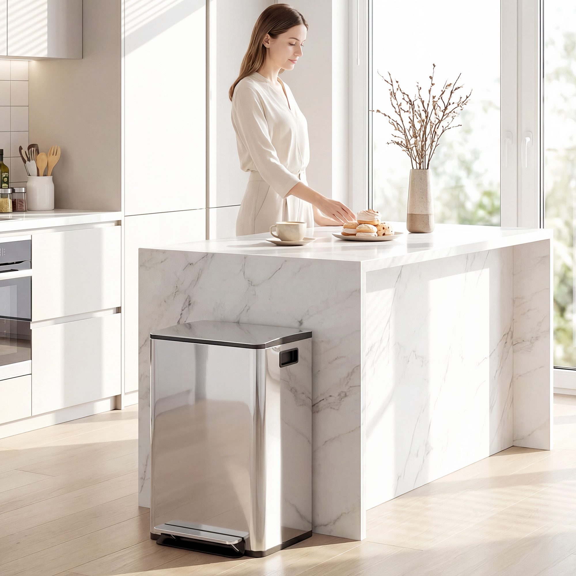 HOMCOM Mülltrennsystem Mülleimer Küche Treteimer 2x30L mit Pedal Edelstahl, 2 Fächer je 20 l, Inneneimer herausnehmbar, Softclose