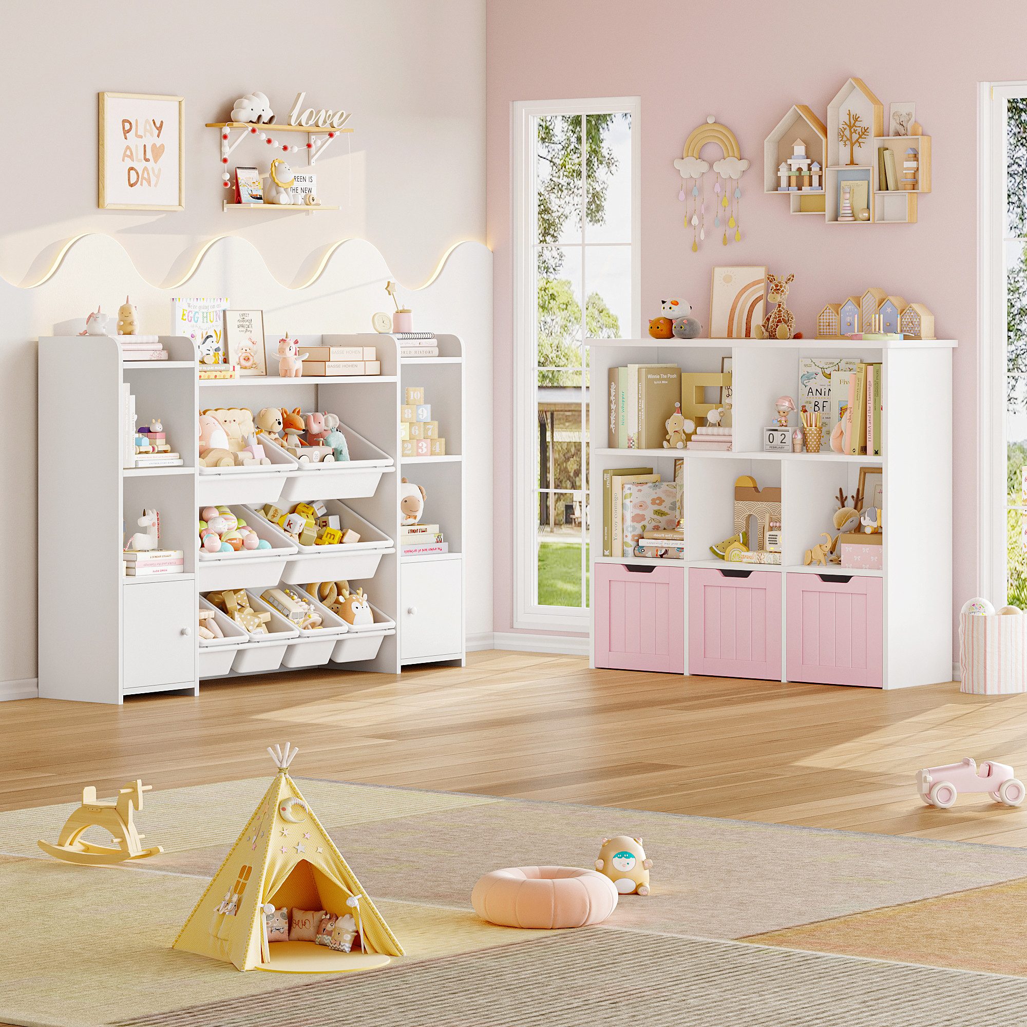 Homfa Kinderregal mit 3 Spielzeugkisten auf Rollen, Spielzeugregal mit 5 offenen Fächern Spielzeugtruhe 100x89.5x33cm weiß – Bild 4 von 5