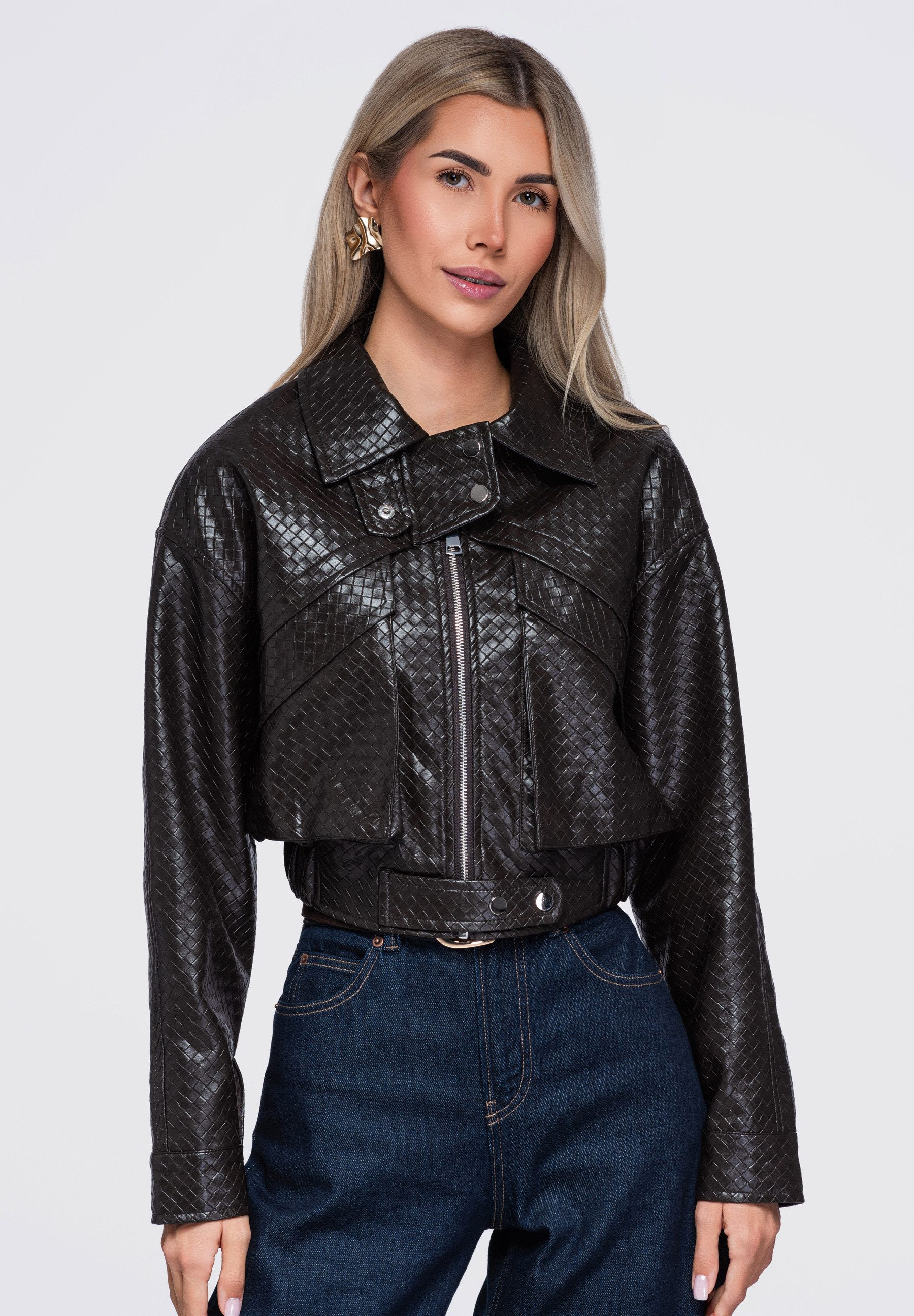 OMBRE Lederimitatjacke Damen Lederimitatjacke mit weitem Kragen und Reißverschluss Braun S/M (kein Set, 1-St) in Unifarbe