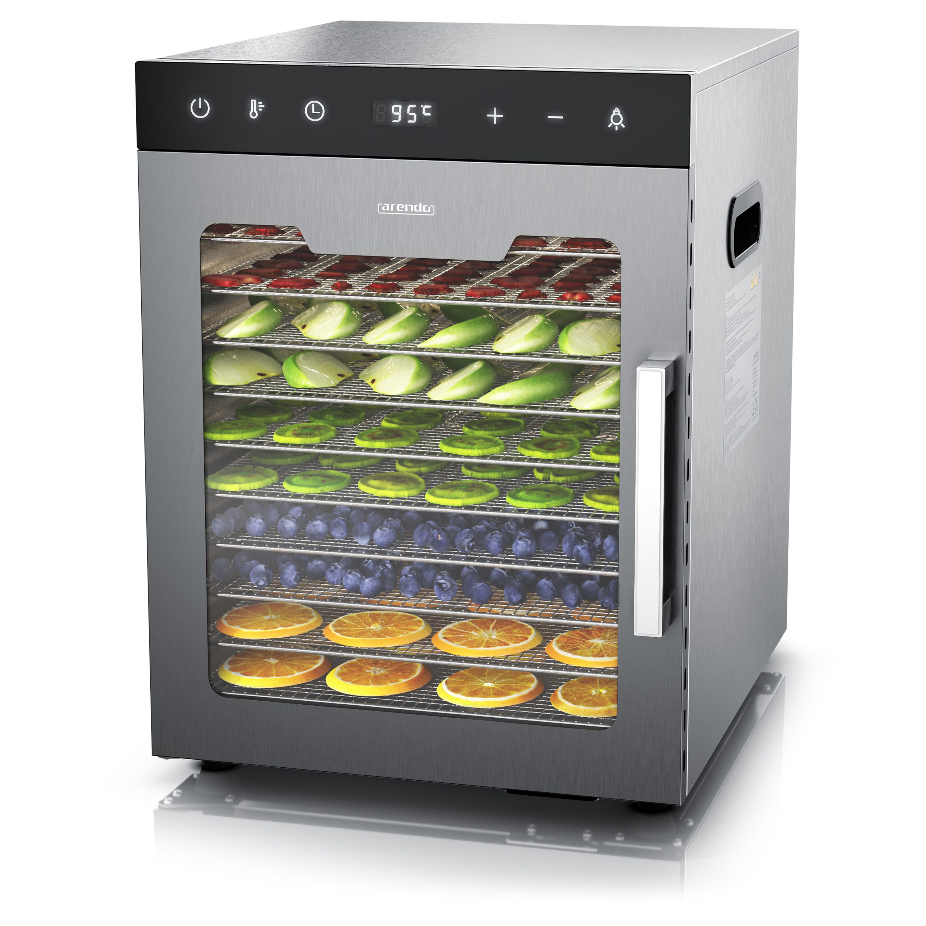 Arendo Dörrautomat Edelstahl, Temperaturregler von 30° bis 90°C, Dörrgerät, Dehydrator 800 W, 10 Etagen, Obst, Fisch, Fleisch Dörrapparat, Obsttrockner, Timer 0,5-24 Stunden