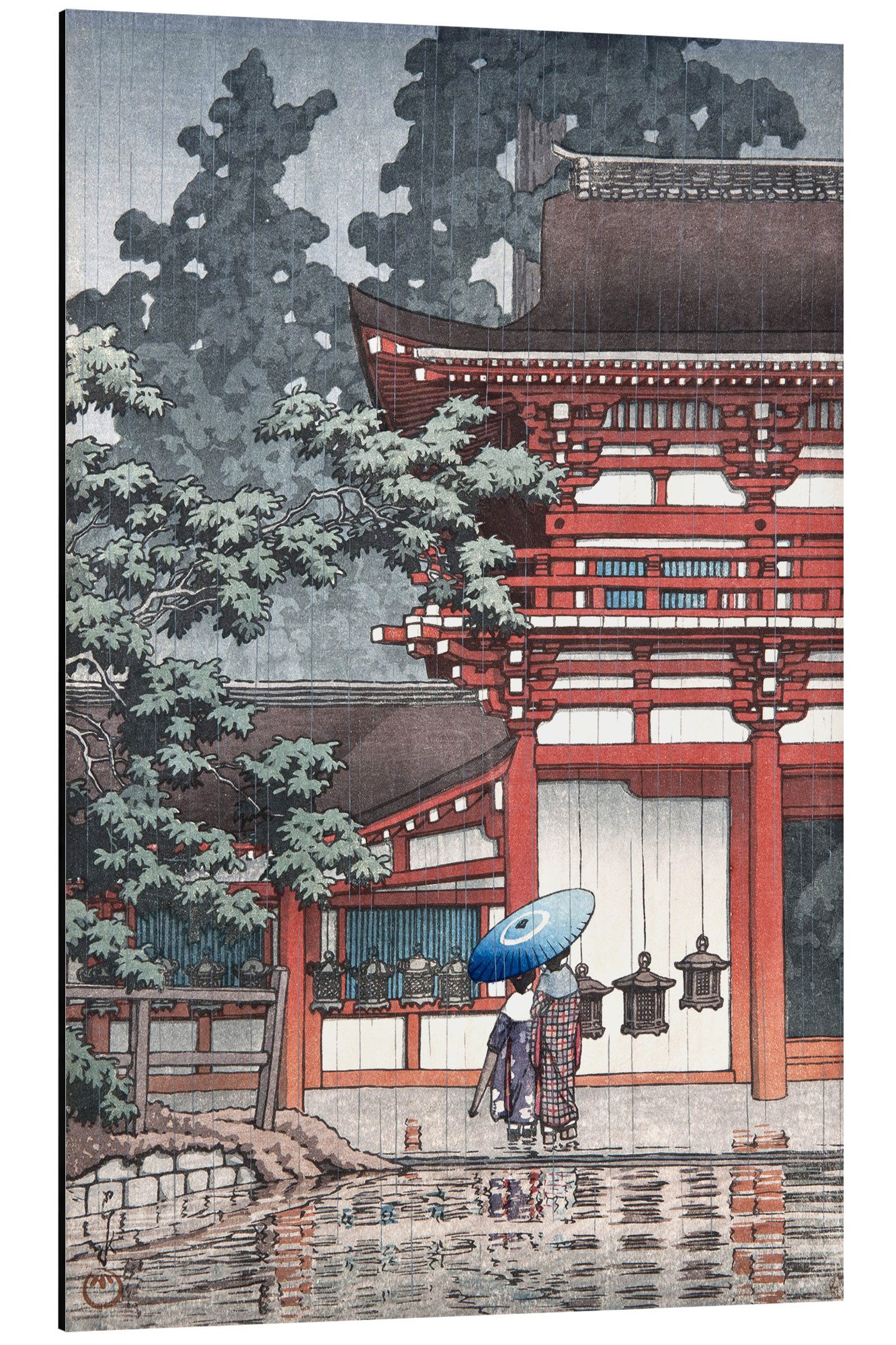 Posterlounge Alu-Dibond-Druck Kawase Hasui, Leichter Regen an einem Tempel, Wohnzimmer Malerei