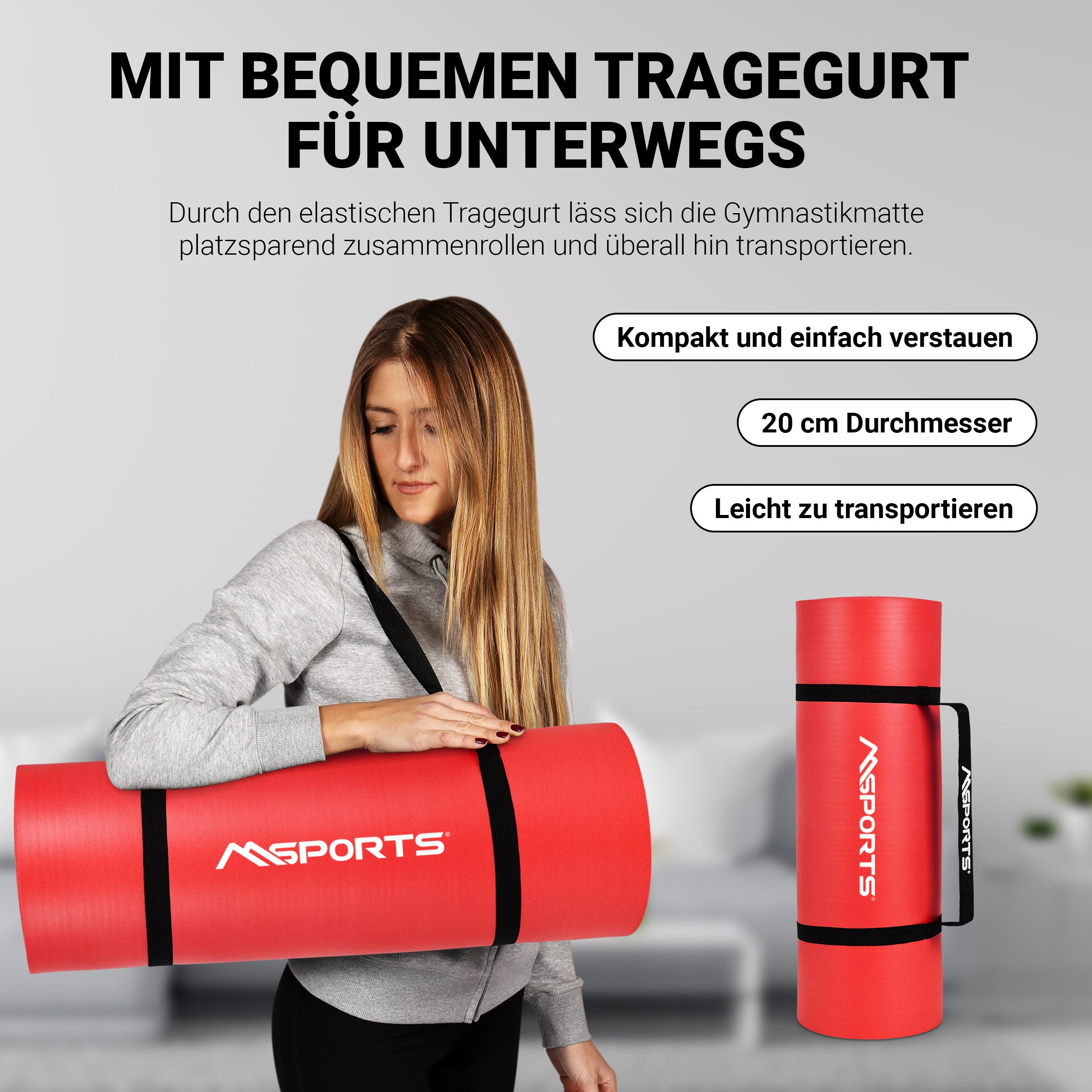 MSports® Gymnastikmatte Yogamatte inkl. Tragegurt + Poster + Workout App