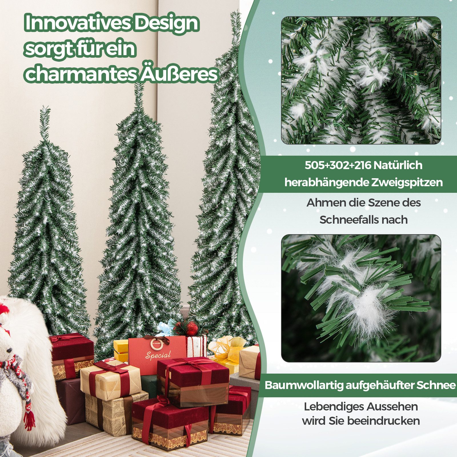 COSTWAY Künstlicher Weihnachtsbaum, Bleistift, 3er Set 120+150+180cm mit LEDs