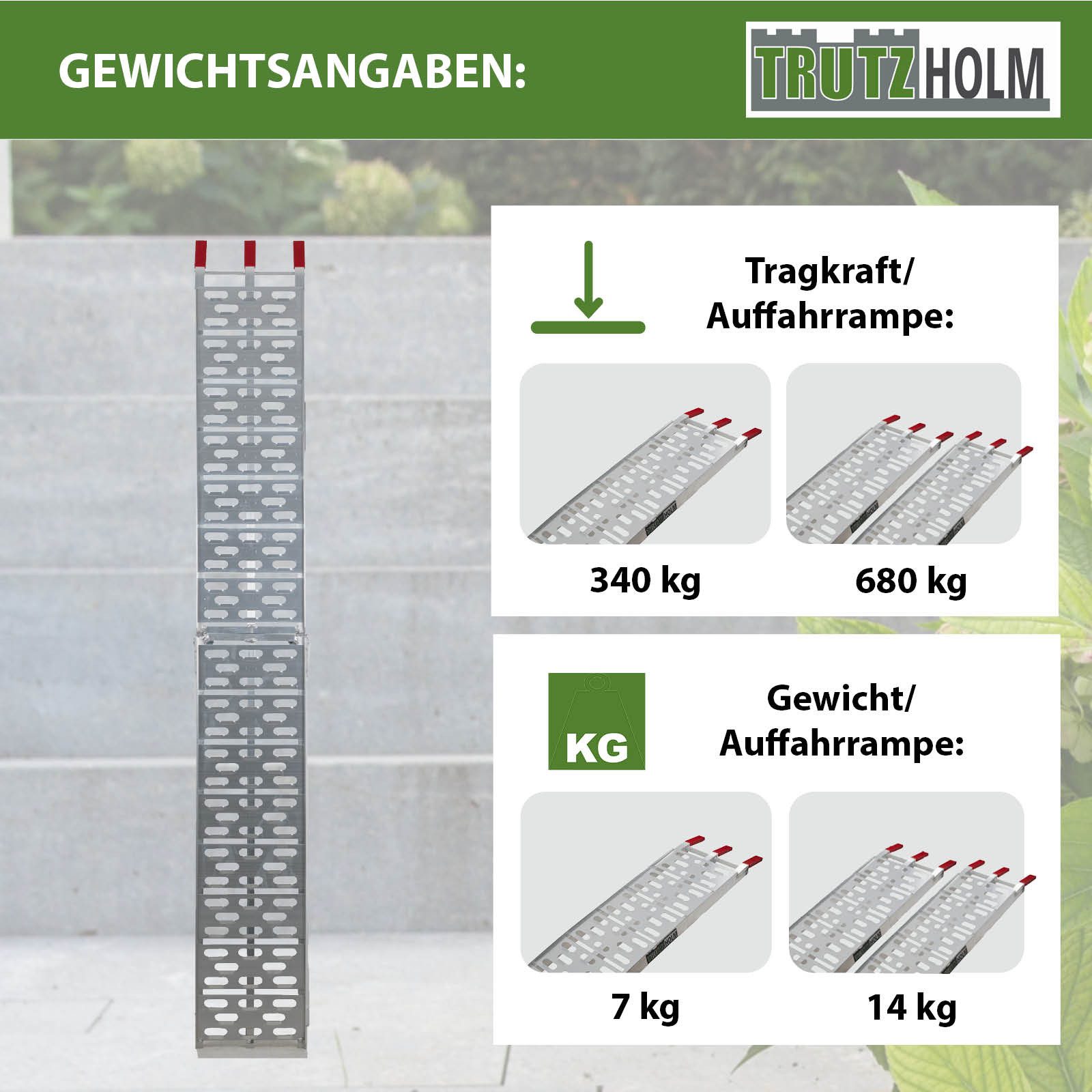 TRUTZHOLM Auffahrrampe klappbar 228 cm Traglast 340 kg Alu Motorradrampe inkl. Spanngurt (1-St., Inkl. Spanngurt), stabile Konstruktion, hochwertige Verarbeitung, kompakte Bauweise