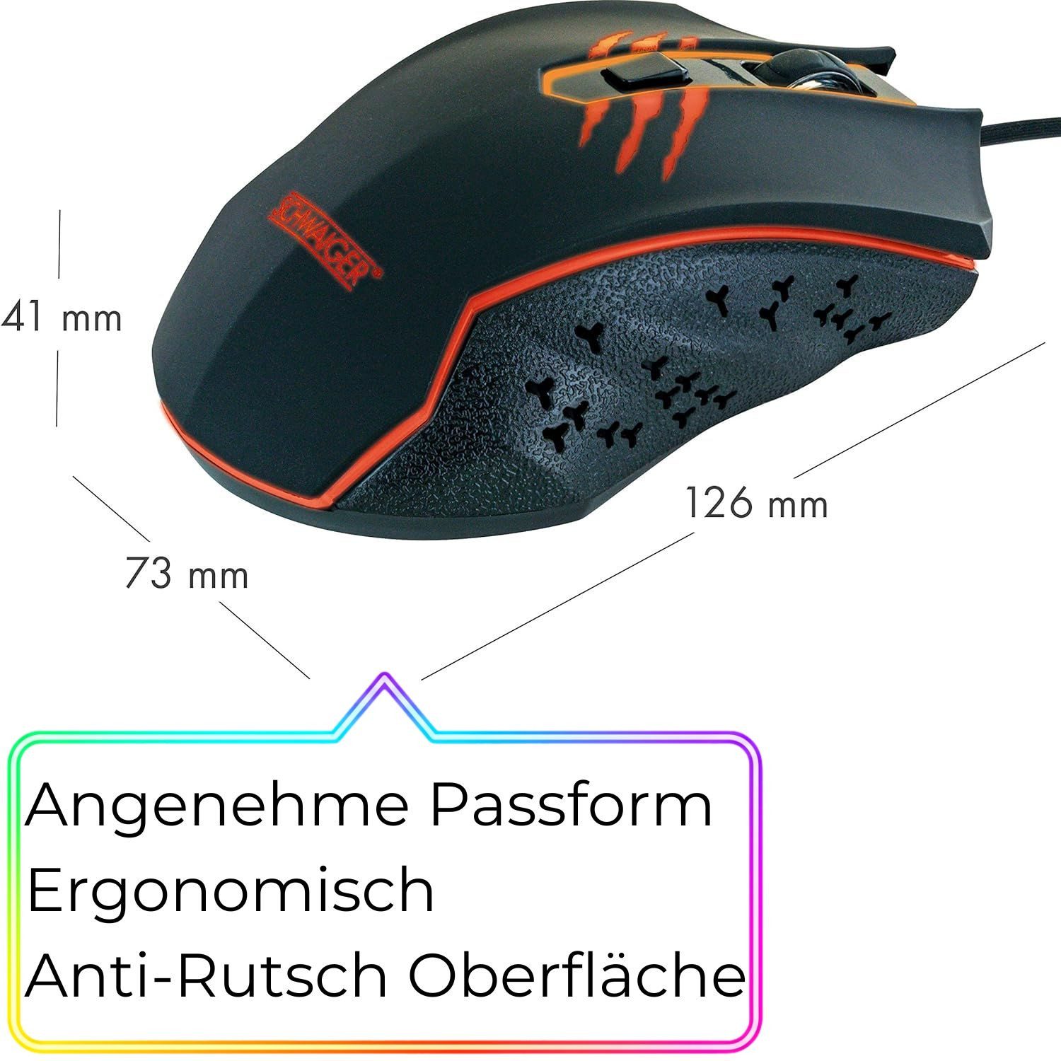 Schwaiger USB Gaming Maus GM3000 RGB LED Beleuchtet Gaming-Maus (USB, Gamer Mouse 6 Tasten dpi-Schalter Ergonomisch Plug & Play Seitentasten)