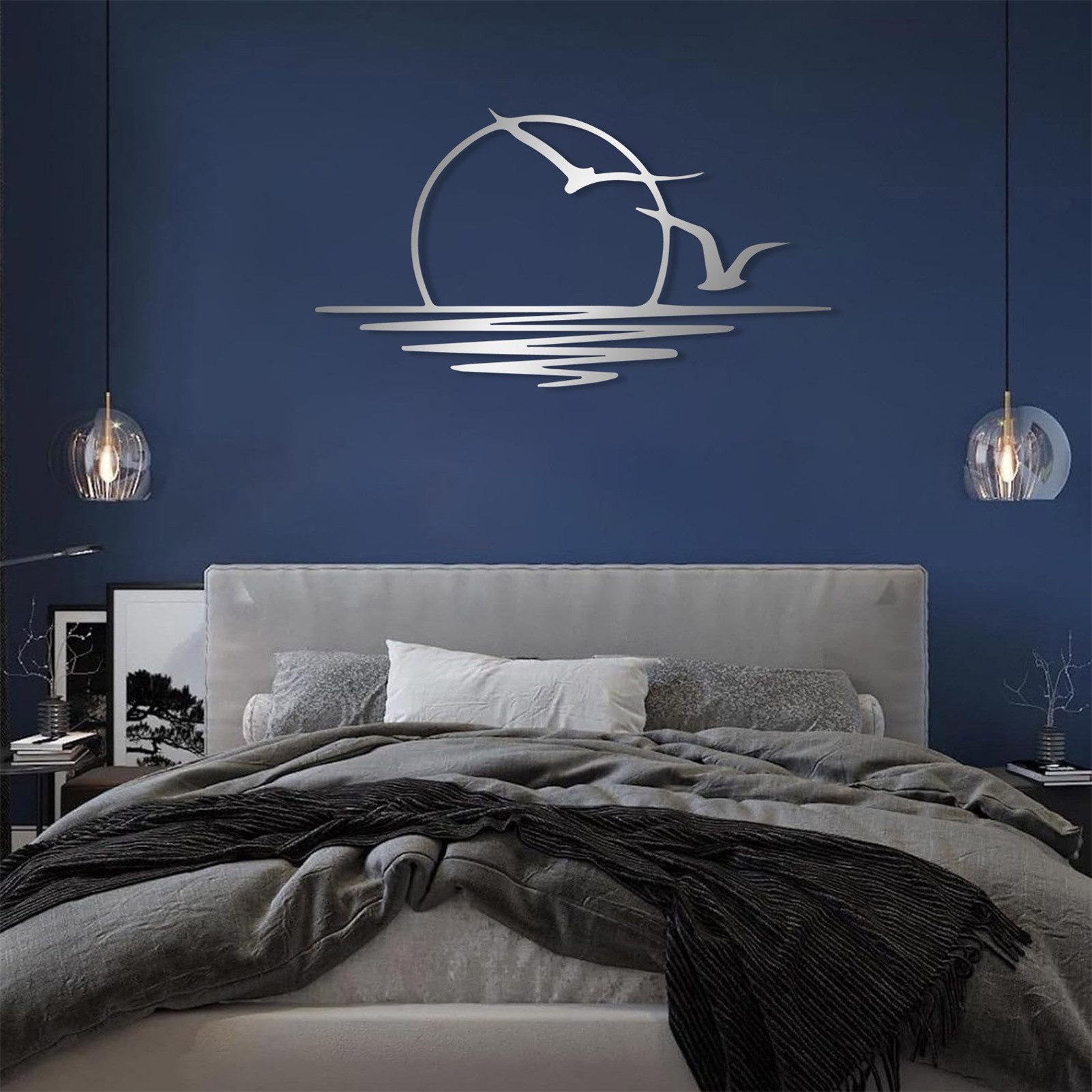 Jumpeak Wanddekoobjekt Sonne und Möwe Metall Kunst Wanddekor, Abstrakter Sonnenaufgang, Sonne, Metall,4 Farben,2 Modelle,Wanddekoration wohnzimmer,Linien – Bild 4 von 5