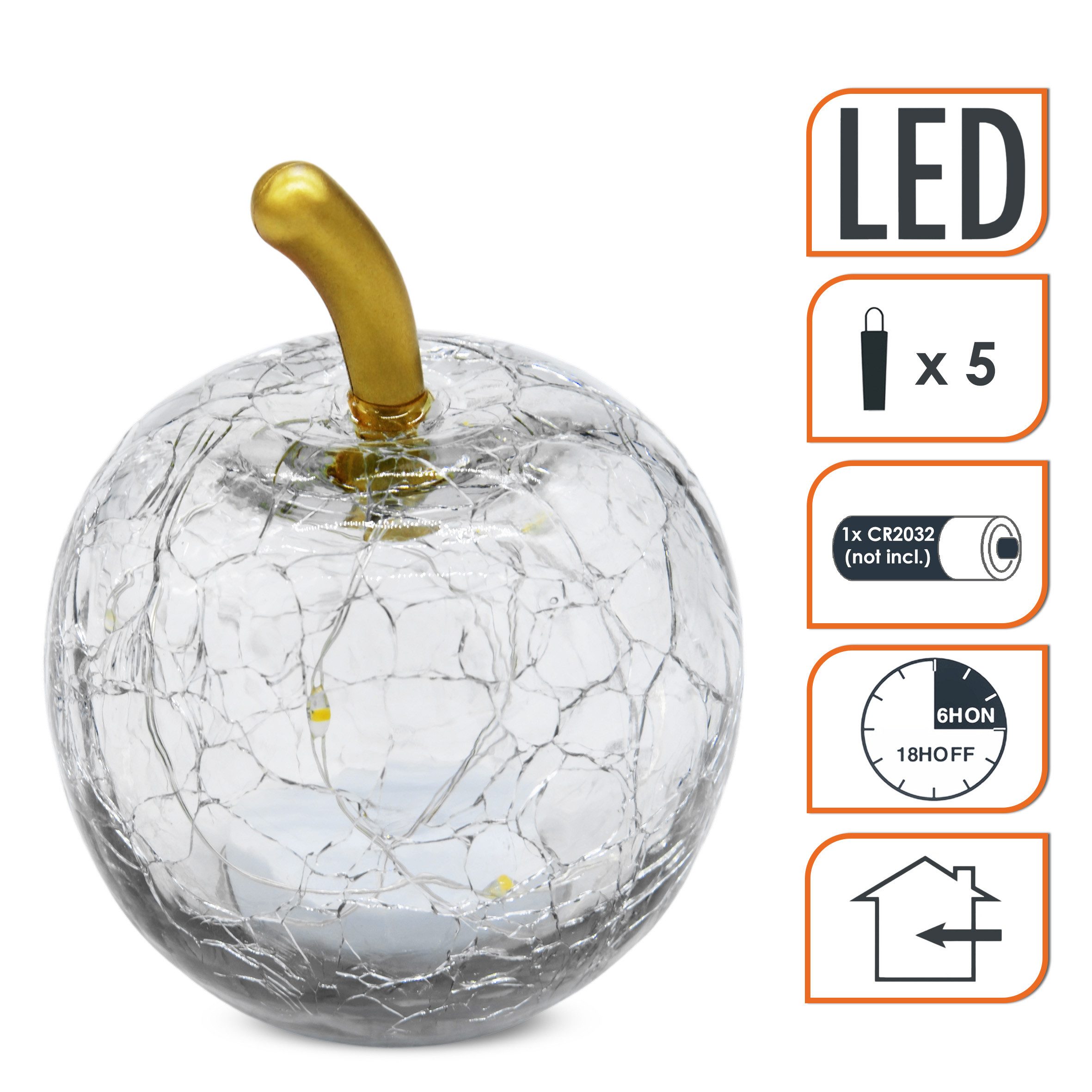 Spetebo LED Dekoobjekt, Ein-/Ausschalter, Timer, LED fest verbaut, warm weiß, Deko Frucht aus Crackle Glas beleuchtet Batterie betrieben