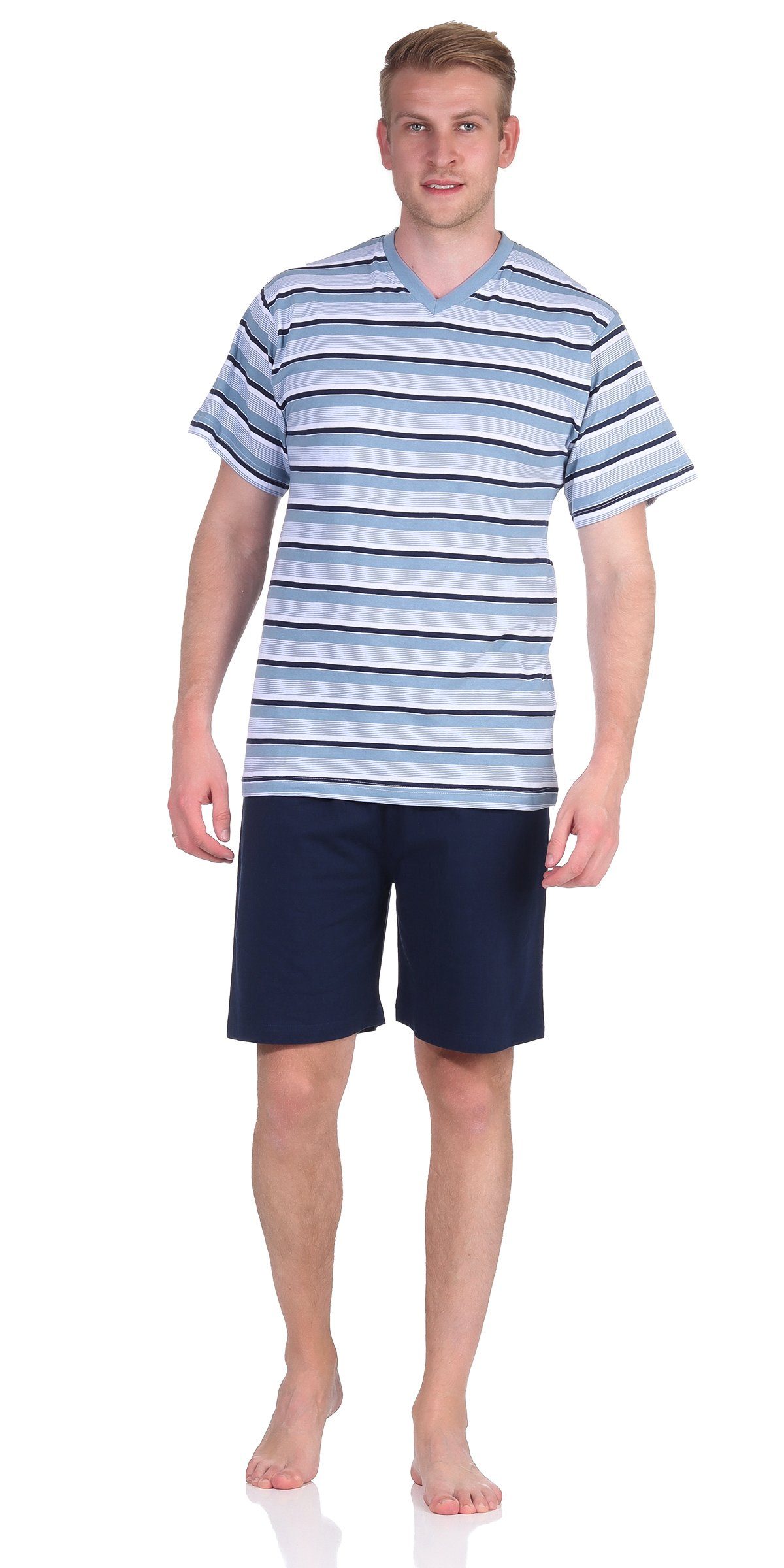 Moonline Shorty Herren Shorty Schlafanzug Kurzarm 100% Blau Single-Jersey V-Ausschnitt mit Baumwolle