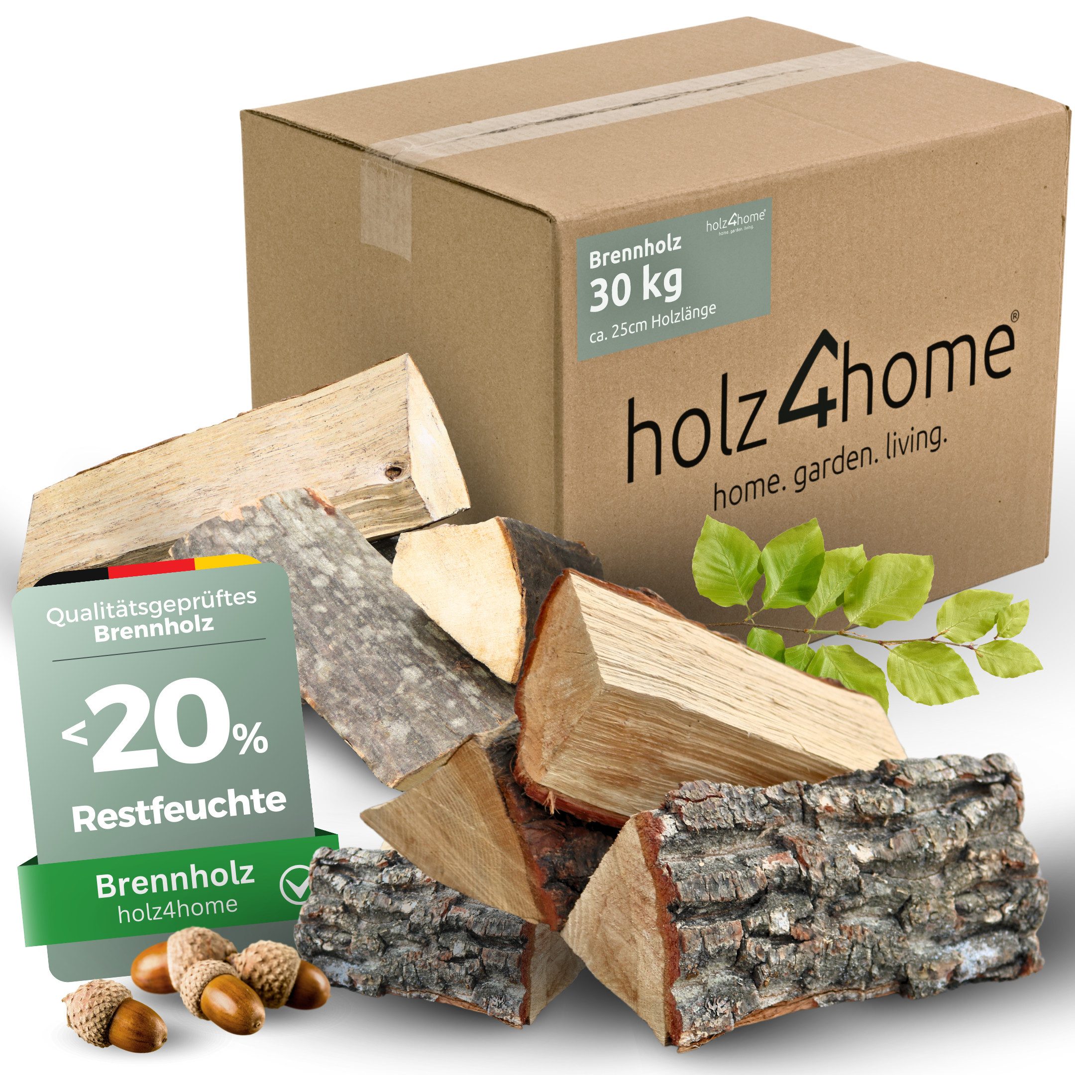 holz4home® Kaminholz 30 kg Brennholz Feuerholz getrocknet im Karton I Mischholz ofenfertig, 30 kg, Optimal für Lagerfeuer