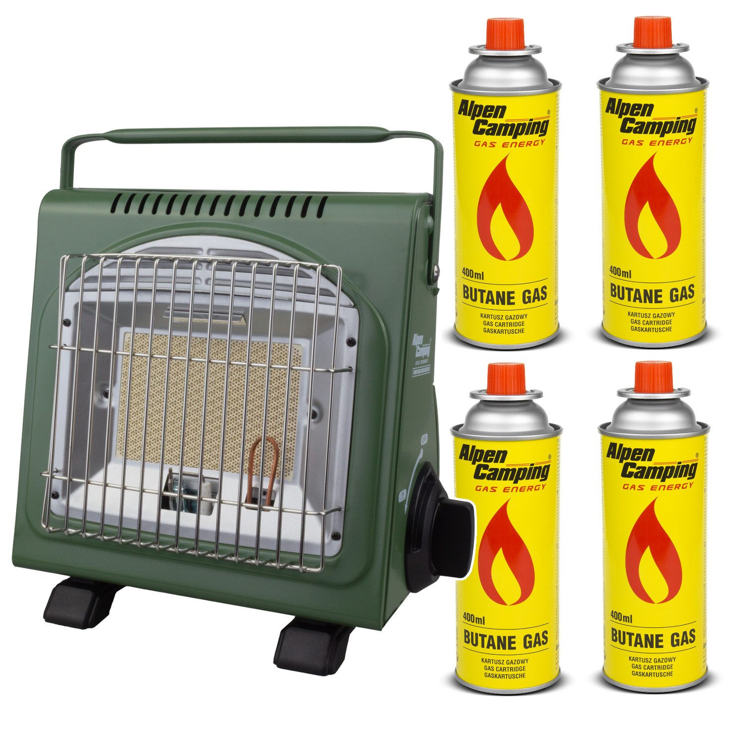 Alpen Camping Gaskocher IK-1000 PRO, 2 in 1 Gasofen + 4x 400ml Gaskartusche