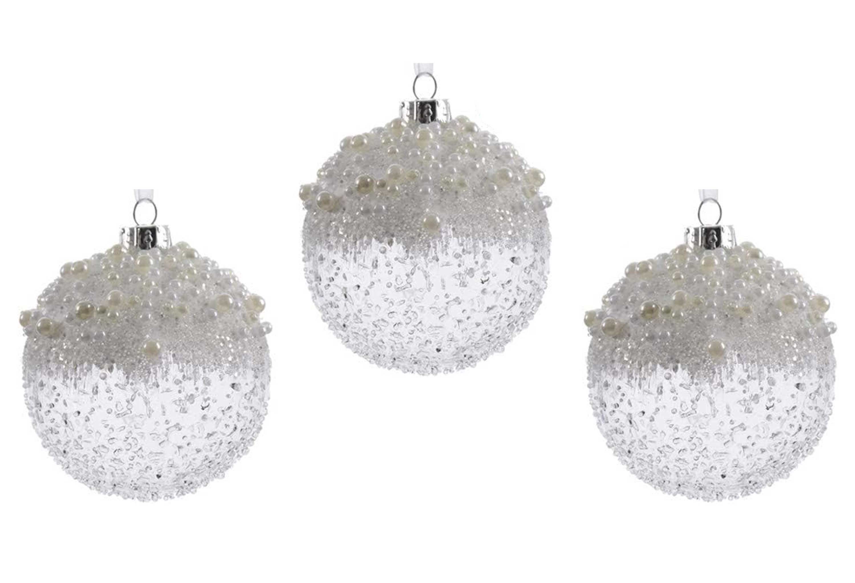 Kaemingk Weihnachtsbaumkugel, Weihnachtskugeln Glas mit Perlen Schnee 8cm klar transparent, 3er Set