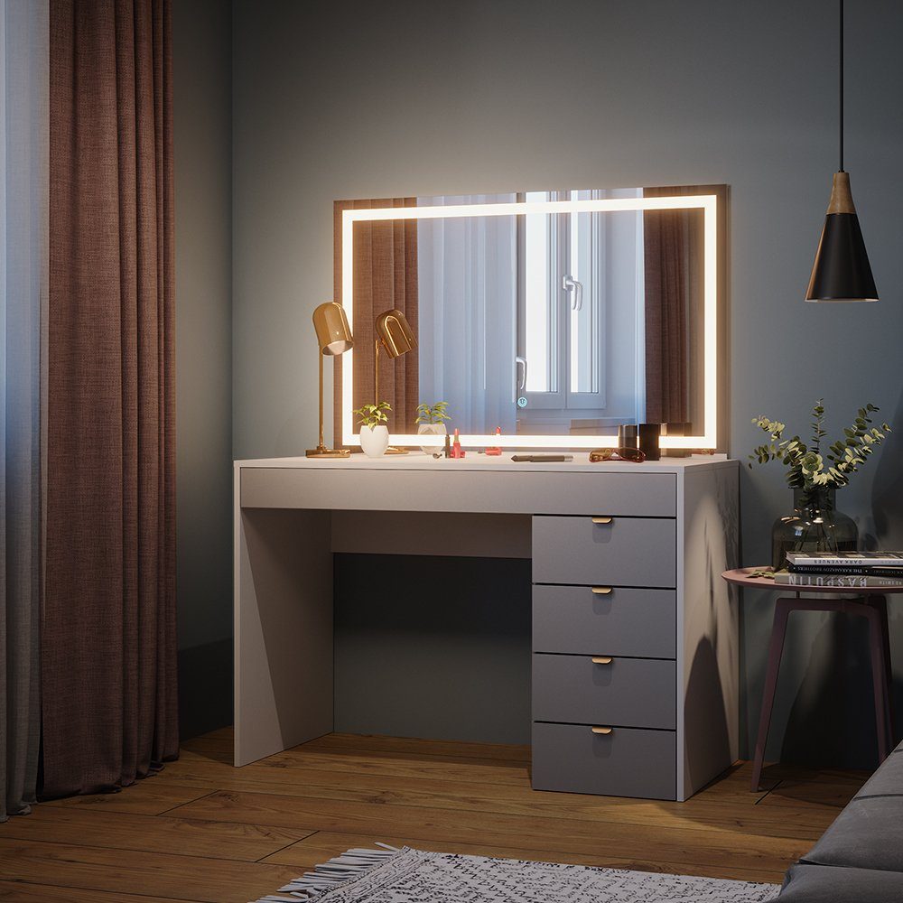 Vicco Schminktisch Elise, Weiß/Grau, 115 cm mit LED-Spiegel (2-St)