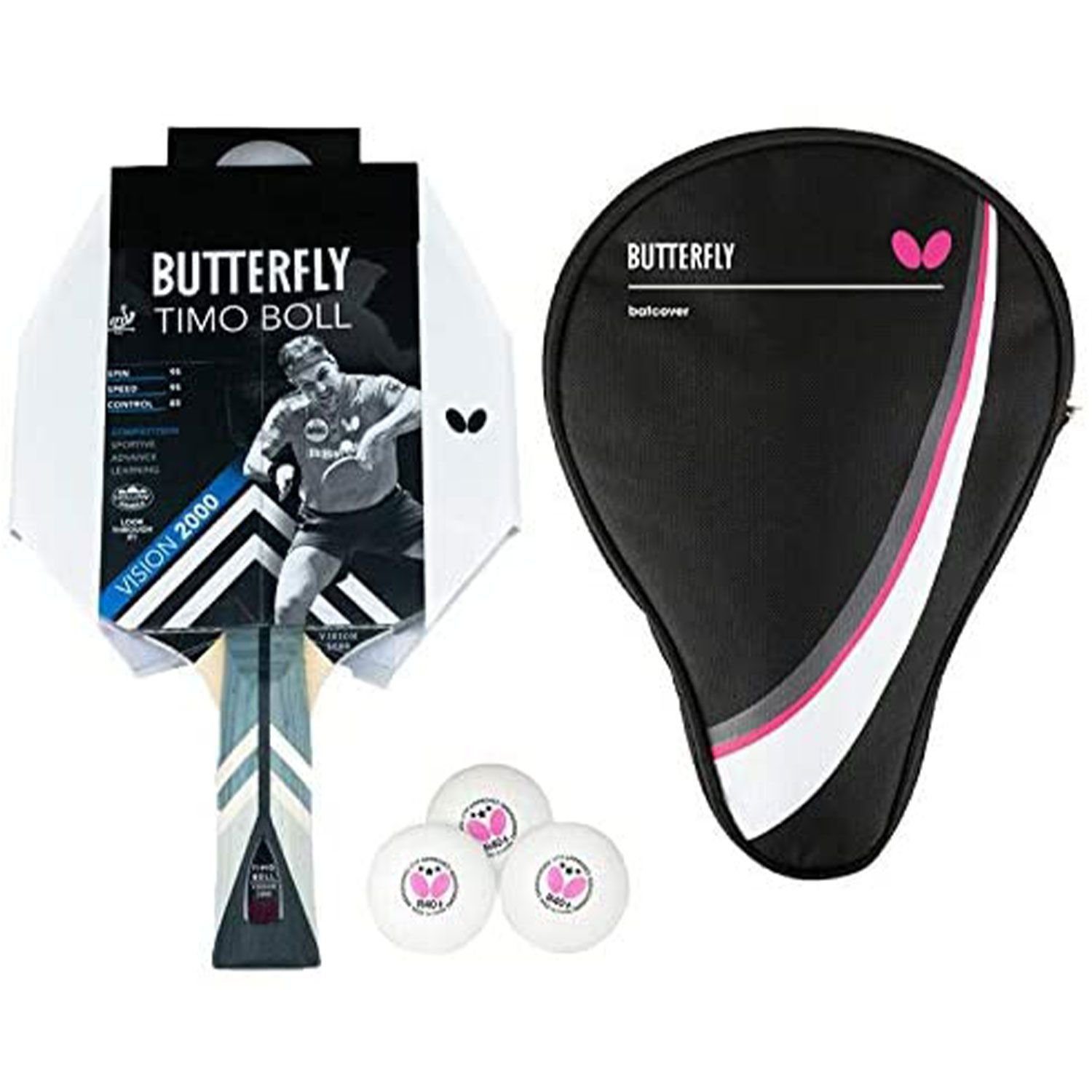Butterfly Tischtennisschläger 1x Timo Boll Vision 2000 + Drive Case 1 + Bälle, Tischtennis Schläger Set Tischtennisset Table Tennis Bat Racket