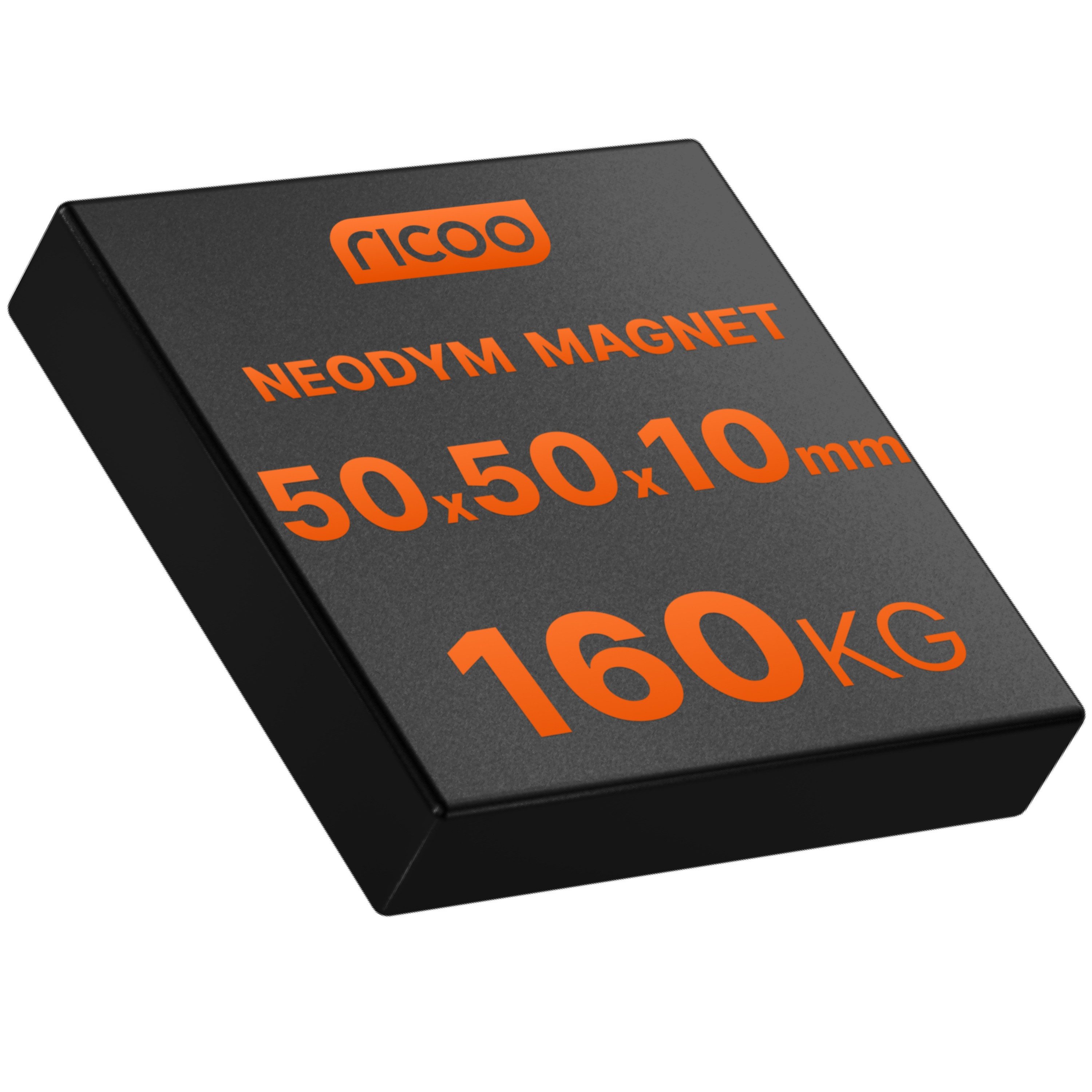 RICOO Magnet Neodym Magnet Extra Starke NEODYMMAGNET (1-St., 50x50x10 mm N45 Rechteck Haftkraft bis 160Kg), Quadermagnet sehr starker Quader Breite x Tiefe x Höhe 5 x 5 x 1cm
