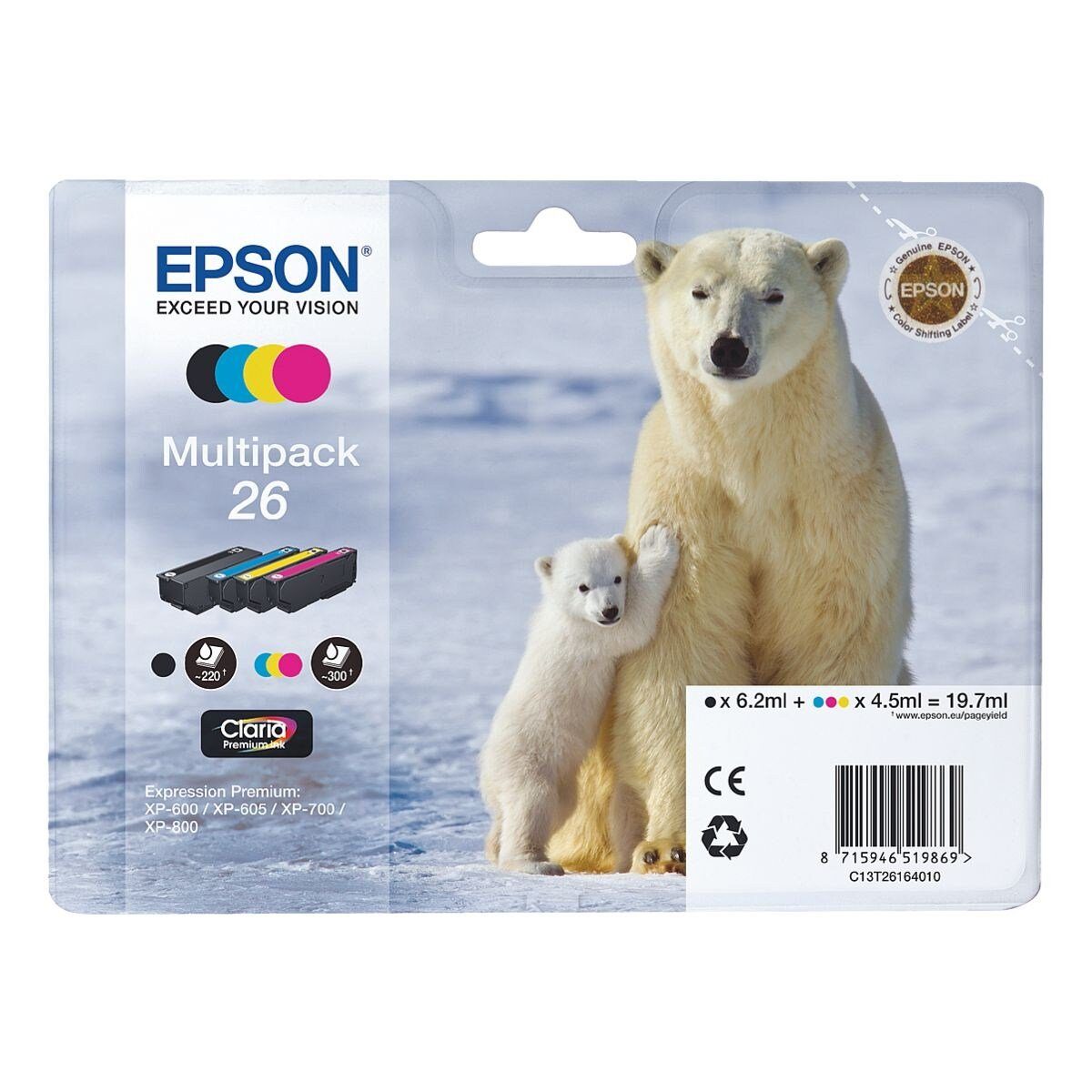 Epson T261640 Tintenpatrone (Set, Nr. 26, Original Druckerpatronen, schwarz, cyan, magenta, gelb)