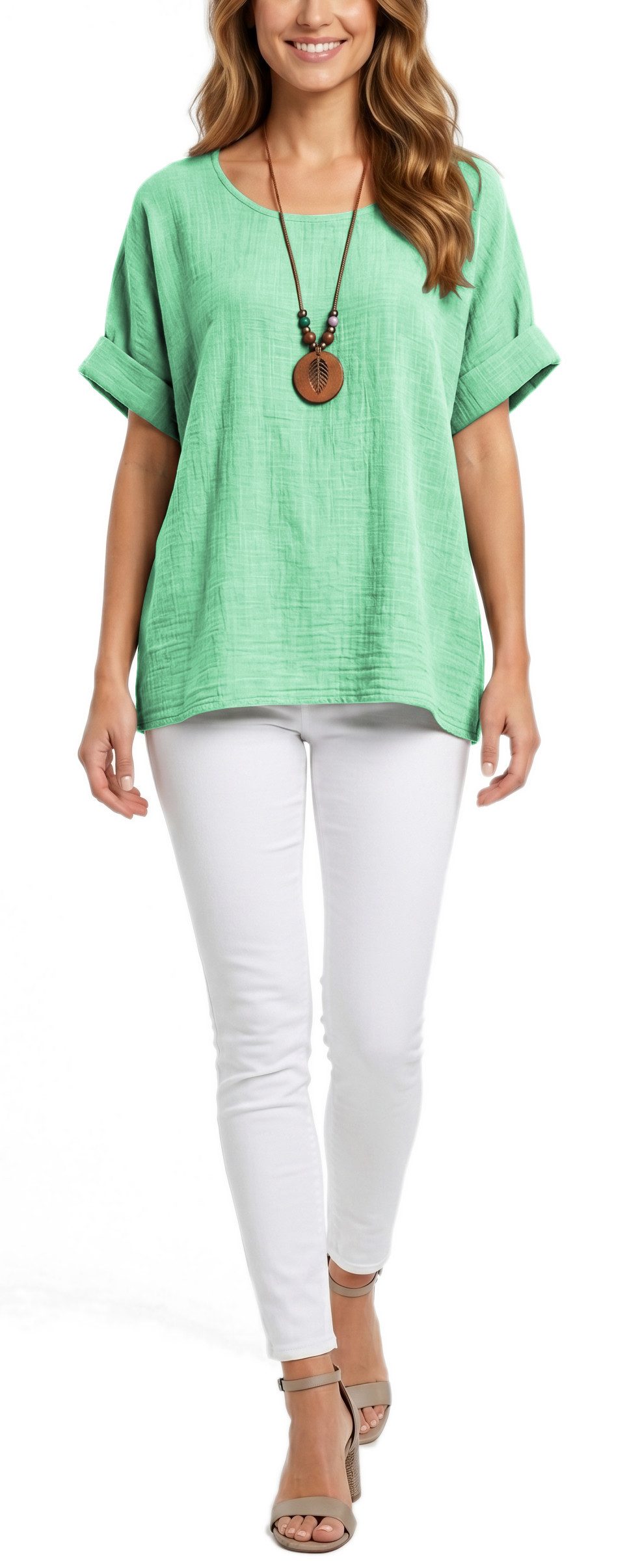 dy_mode Kurzarmbluse Damen Kurzarm Bluse Leichte Sommer Tunika Baumwollbluse Oberteil in Unifarbe, mit passende Kette – Bild 2 von 5