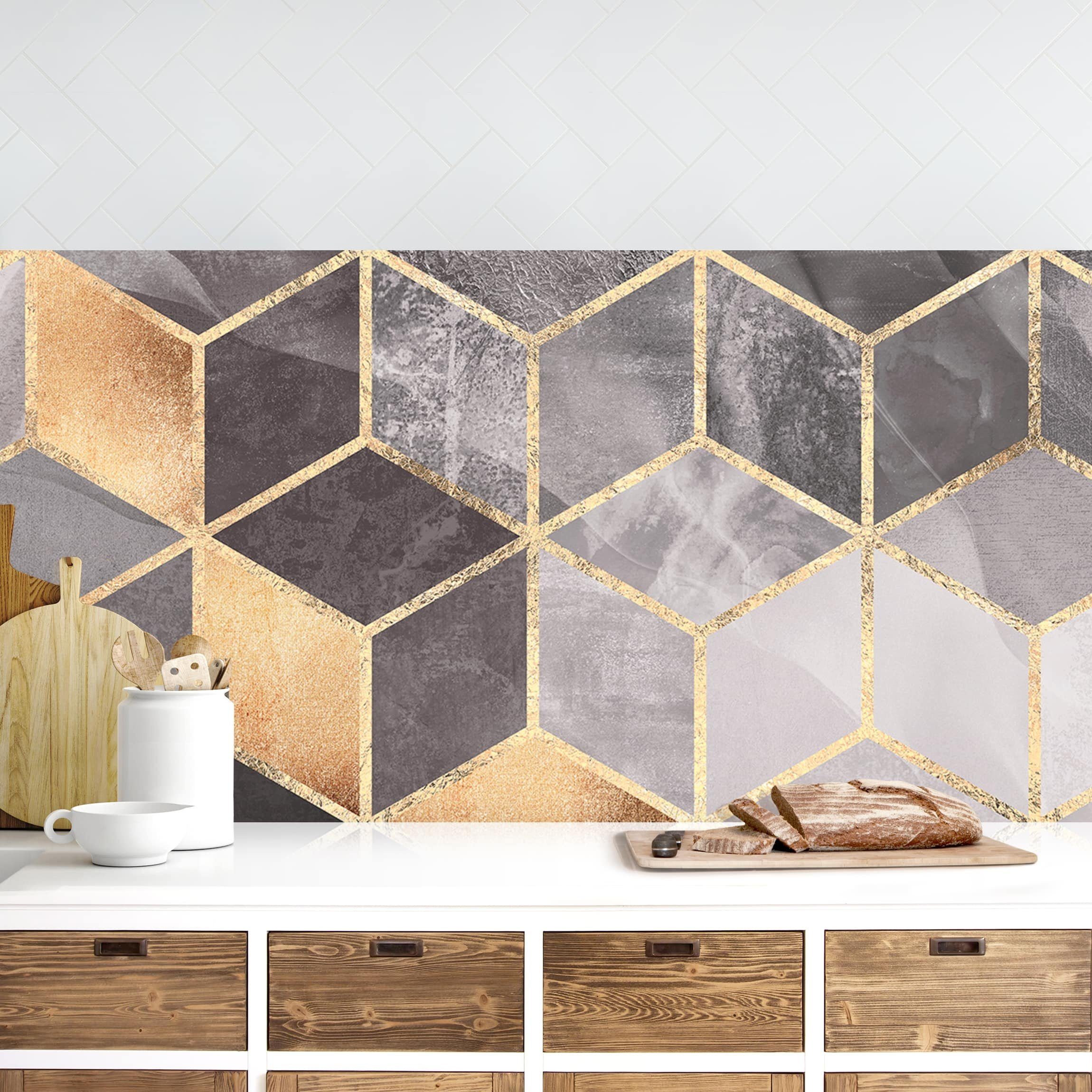 Bilderdepot24 Küchenrückwand gold dekor Abstrakt Aquarell Kunst Schwarz Weiß goldene Geometrie, (1-tlg., Nischenrückwand - für Fliesenspiegel ohne Bohren - matt), Spritzschutz Rückwand Küche Herd - Folie selbstklebend versch. Größen