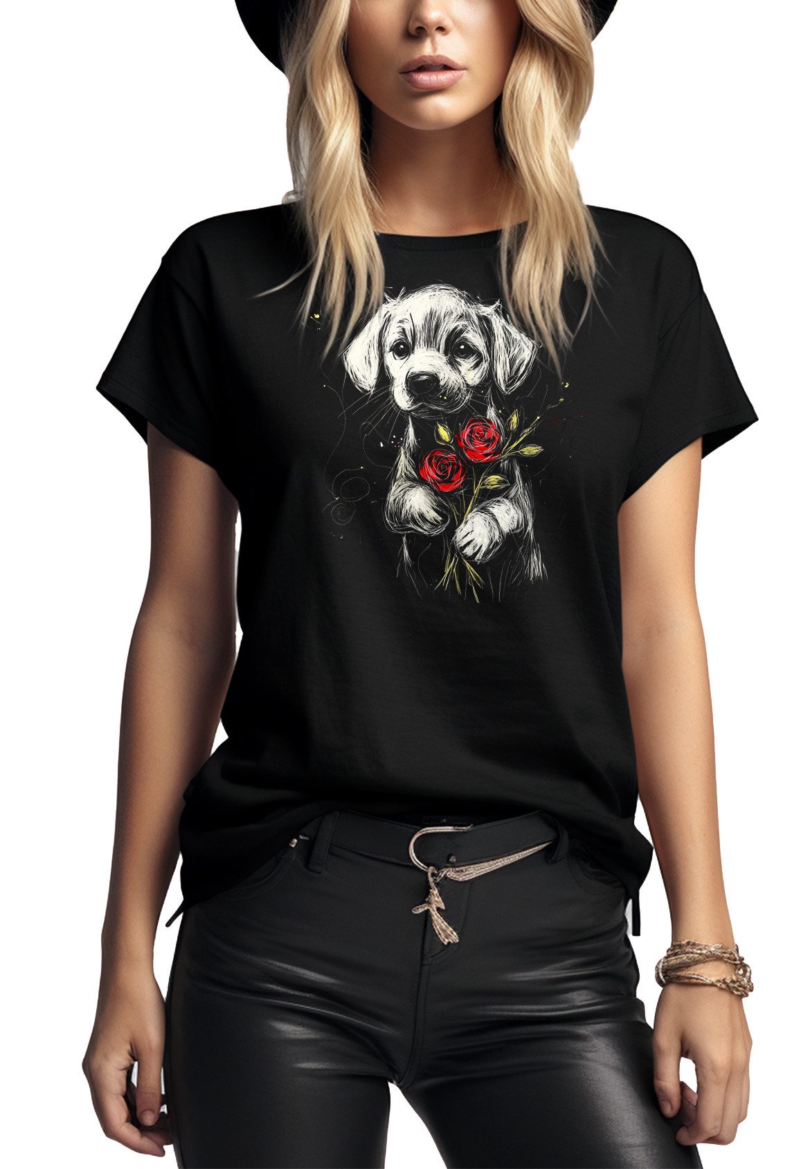MAKAYA Print-Shirt mit Hundemotiv Damen Top Blumen Hund Kurzarmshirt Schwar günstig online kaufen