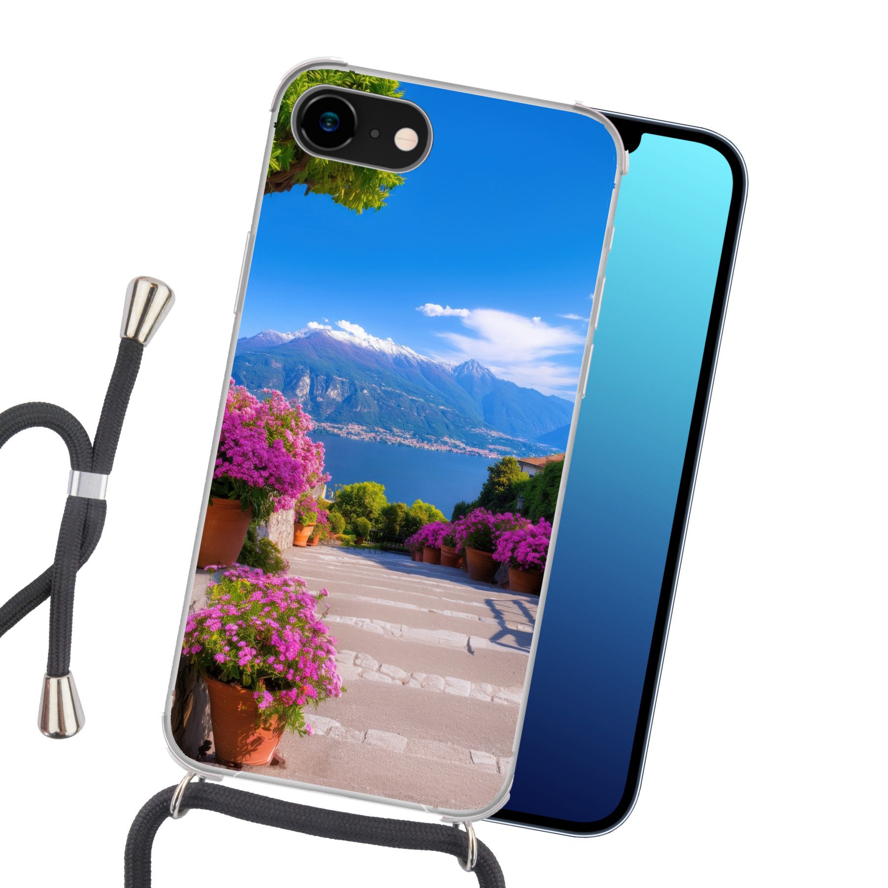 MuchoWow Handyhülle für Apple iPhone 8 Comer See - Italien - Landschaft, Tragbare Handyhüllen mit Kette zum umhängen, Handykette Handyband