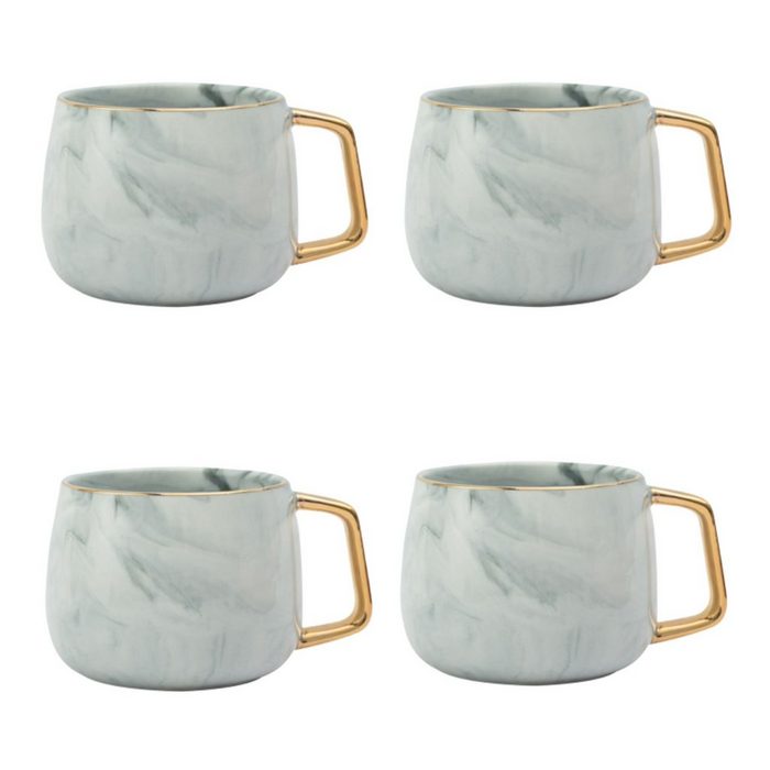 COFFEE LOVER Tasse Grau Marmor Eckiger Goldhenkel & Goldrand 4er Set Keramik 330ml edles & stylisches Design Luxus Tasse
