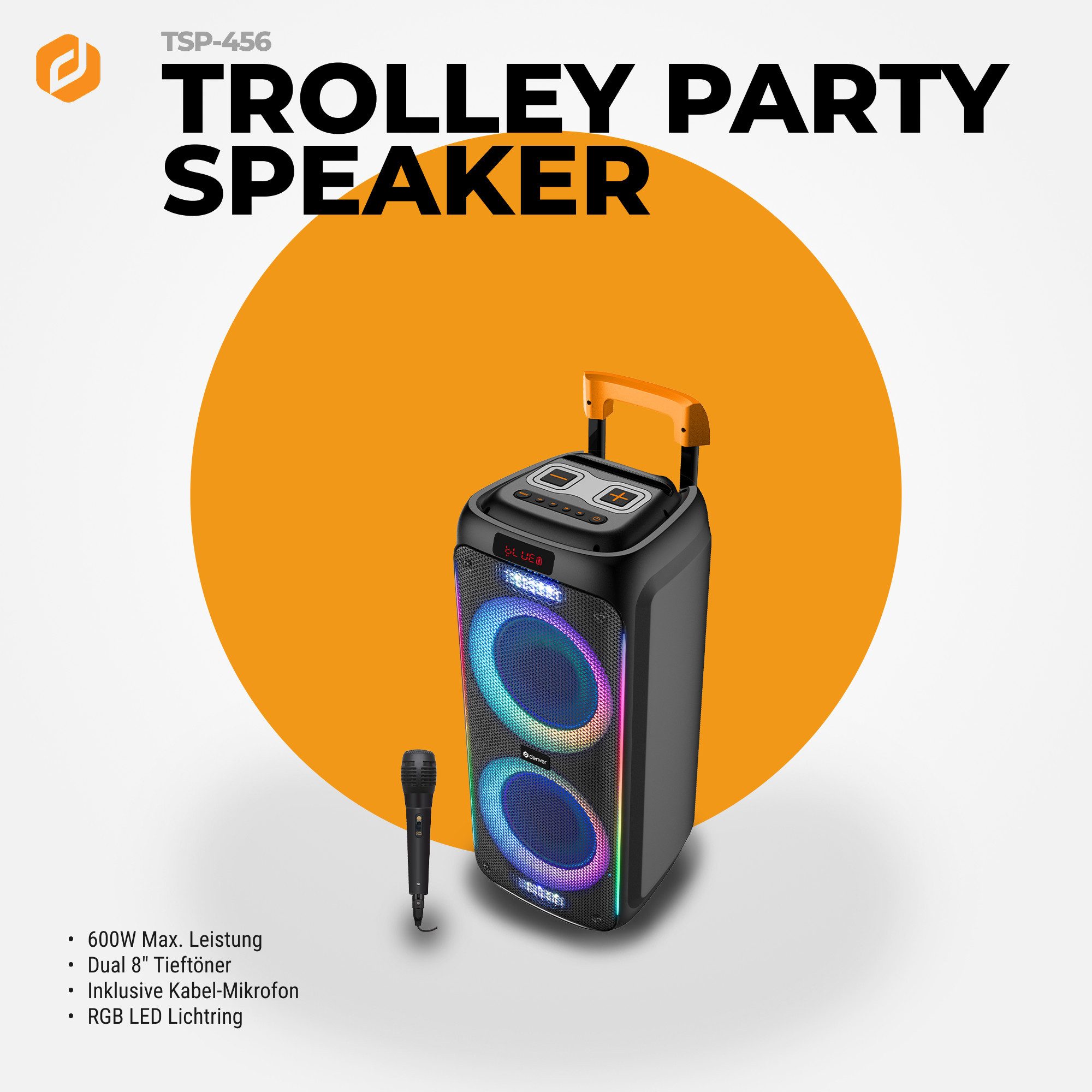 Denver TSP-456 Portable-Lautsprecher Stereo (2 Lautsprecher) (Bluetooth, 600 W, Trolley-Design, 2×8" Woofer, LED-Lichteffekte, inkl. Mikrofon, TWS)