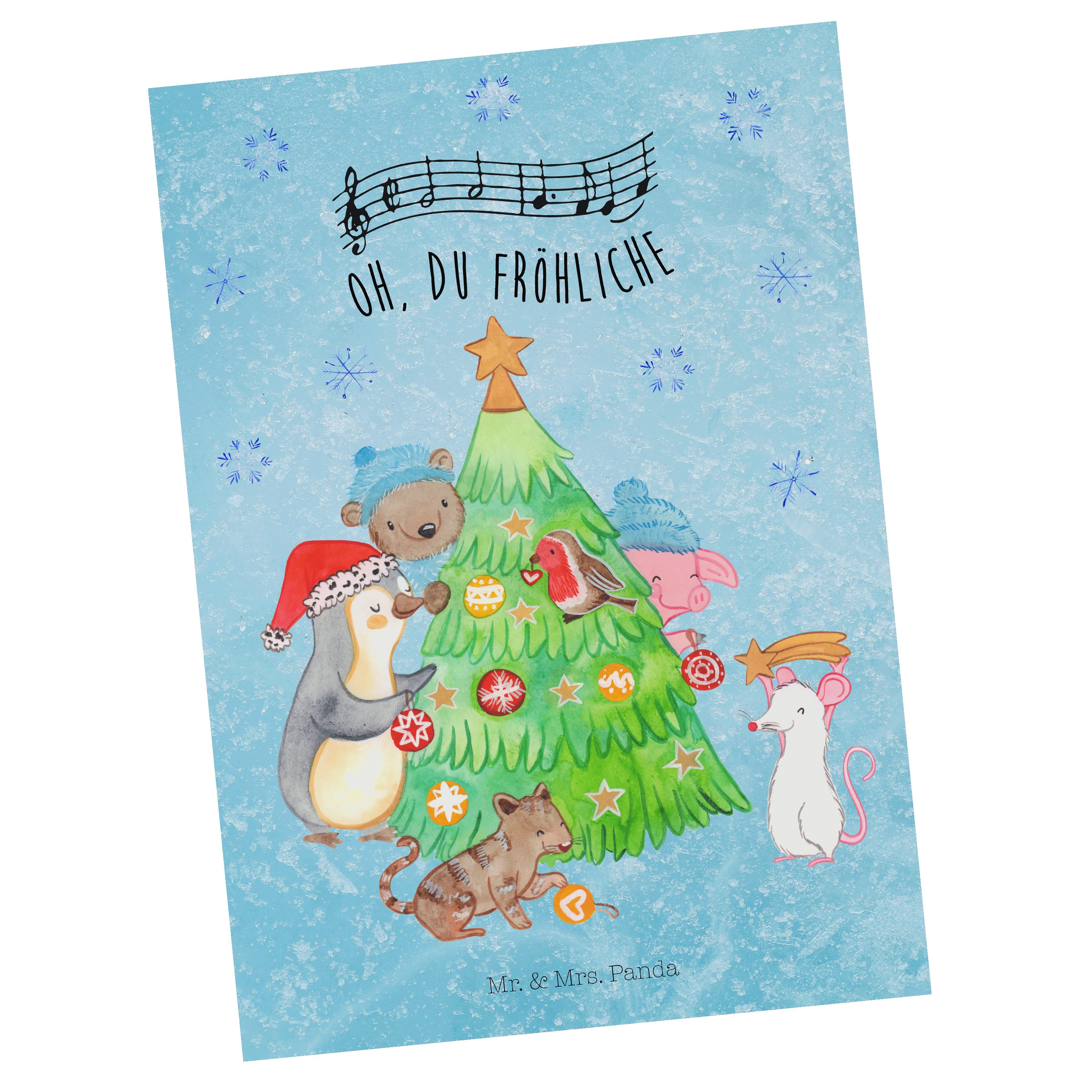 Mr. & Mrs. Panda Postkarte Weihnachtsbaum schmücken - Eisblau - Geschenk, Weihnachtsdeko, Einlad