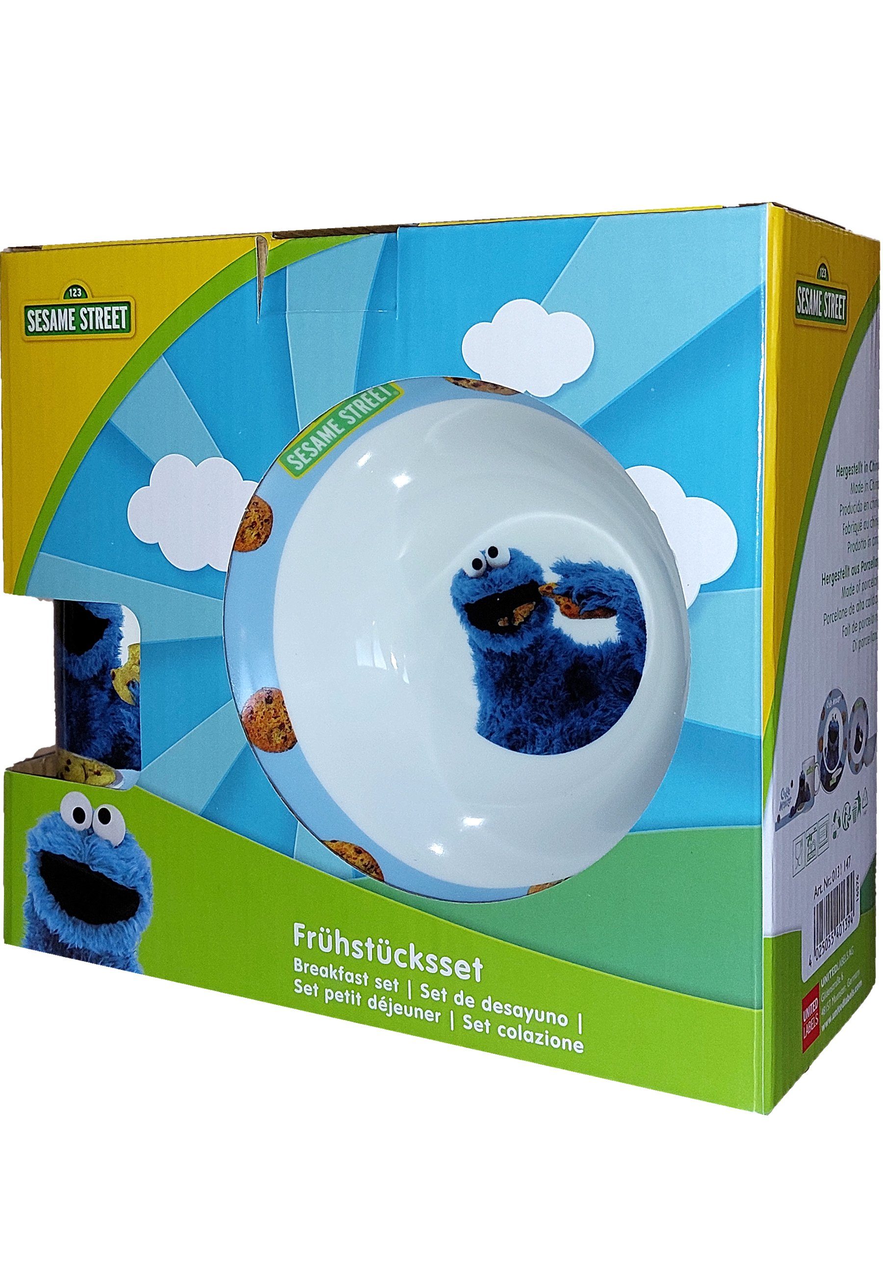 United Labels® Frühstücks-Geschirrset Sesamstraße - Krümelmonster - Set, 3-tlg., 1 Personen, Porzellan