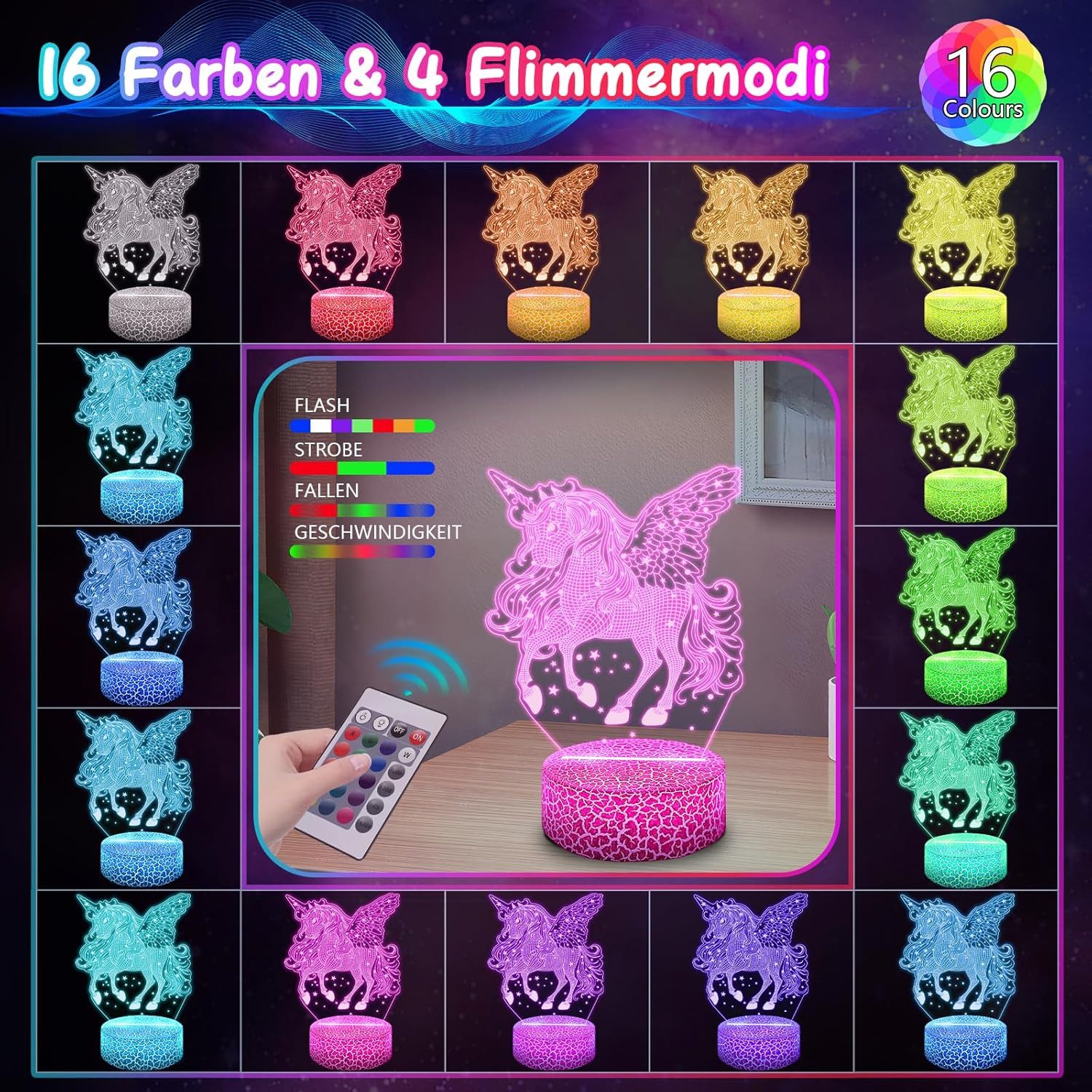 LA CUTE LED Nachtlicht Einhorn LED Nachtlicht Kinder mit 3D-Effekt & Fernbedienung, 3D Einhorn Lampe mit 16 Farben und Fernbedienung