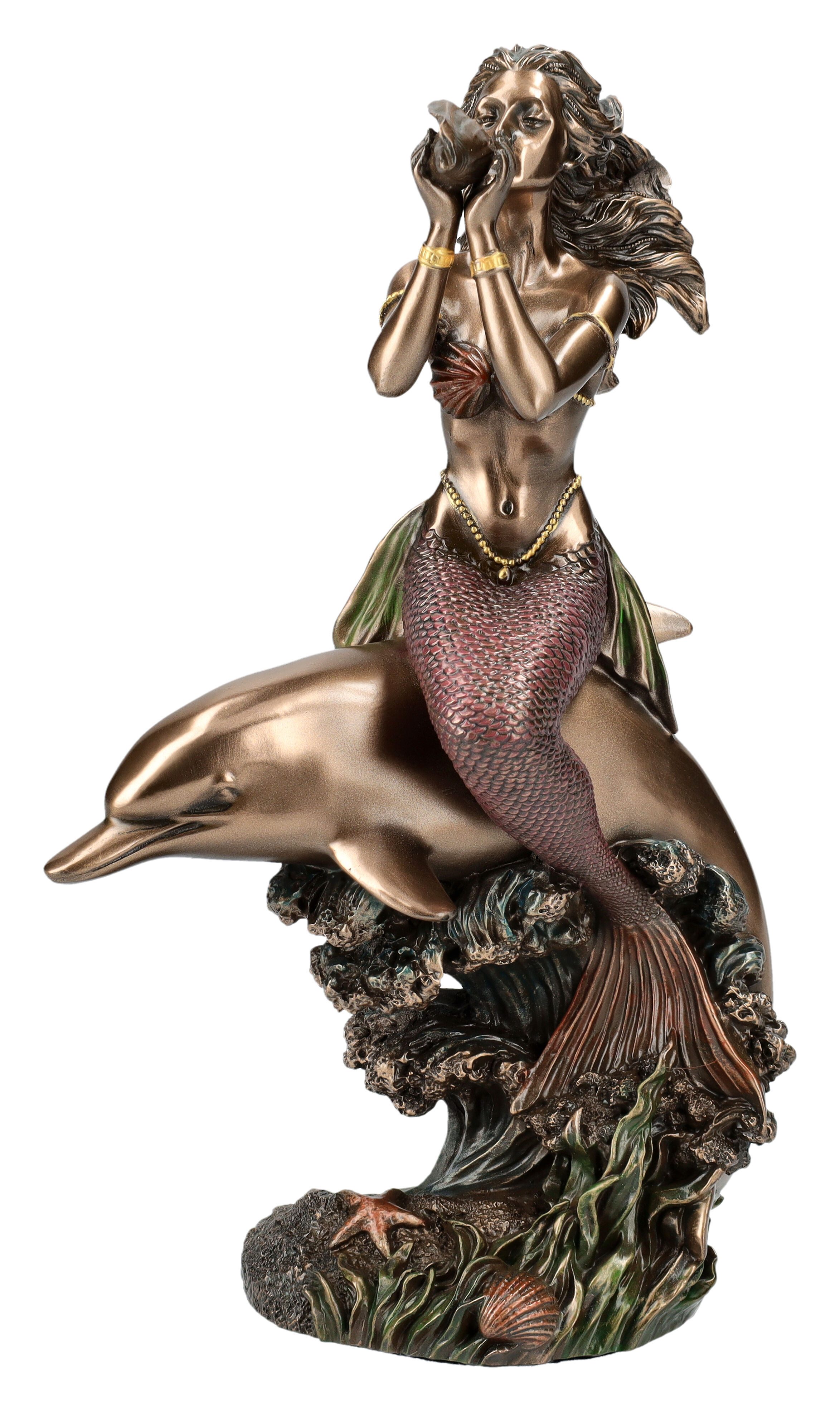 Dekofigur Meerjungfrauen Figur reitet auf Delfin - Veronese - Sirene Dekofigur
