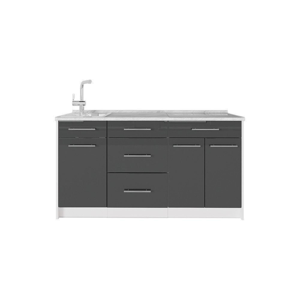 Vicco Küchenzeile Fame-Line, Anthrazit Hochglanz/Weiß, 150 cm, AP Marmor