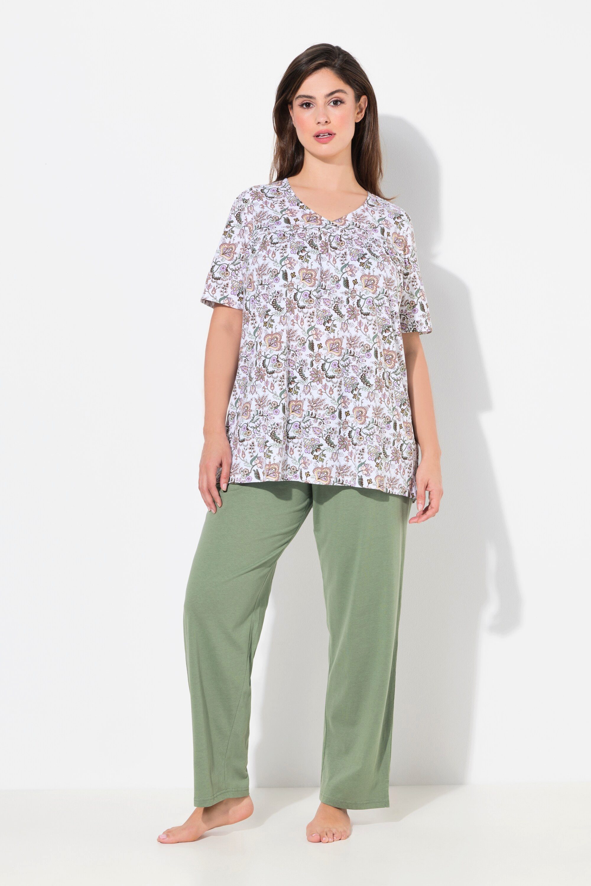 Ulla Popken Pyjama Pyjama Blüten V-Ausschnitt günstig online kaufen