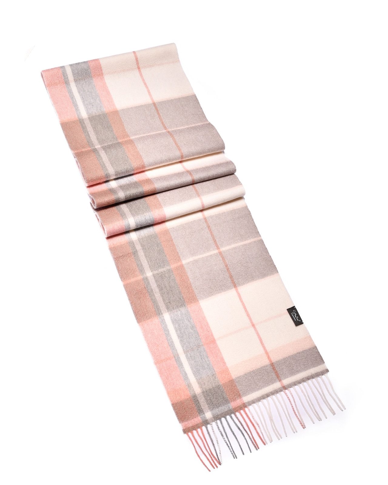 MayTree Kaschmirschal Unisex, 180 x 30cm, mit Fransen, gestreift Tartan Grau Rosa Weiss, (Stück, 1-St), 100% Kaschmir