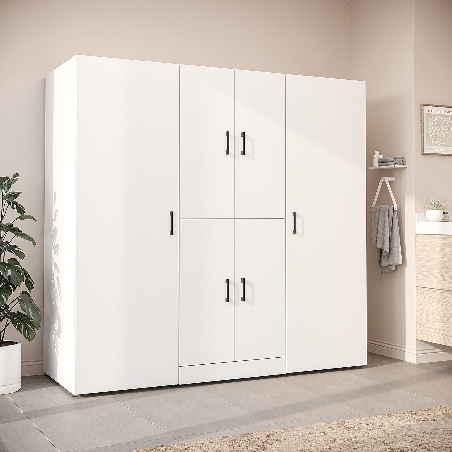 Roomart Waschmaschinenumbauschrank DORA-I 190cm Waschmaschine & Trockner übereinander mit 2 Hochschränken Waschturm mit 2 Hochschränken, frei anordenbar & mit Ausziehbrett
