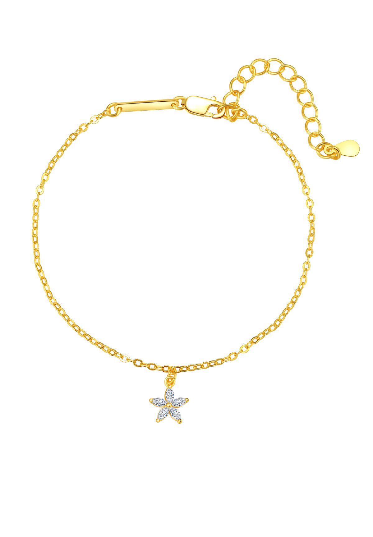 Hey Happiness Silberarmband Blume Kristalle Charm Floral, 18K Vergoldet, Damen Armkette Silber 925 Blüte hängend Zirkonia, Brautschmuck