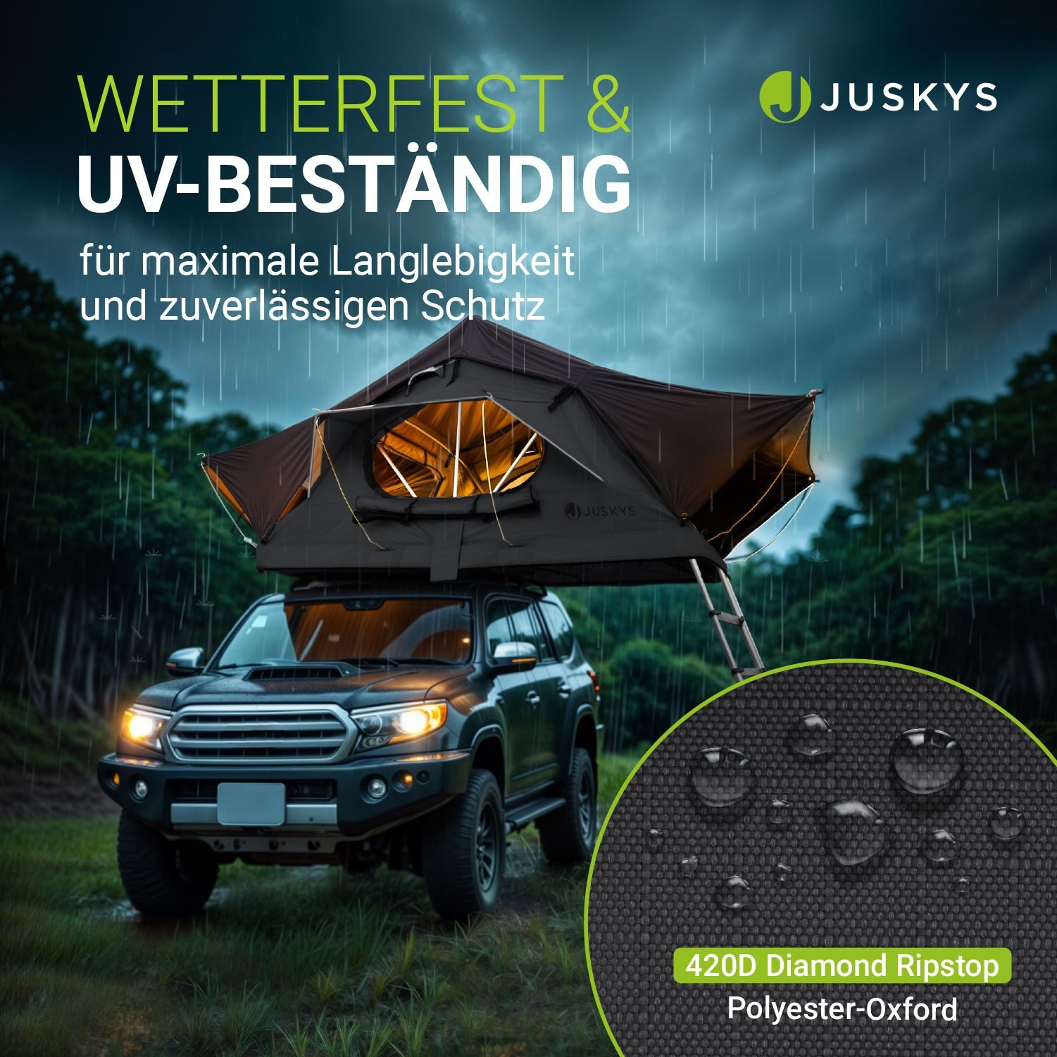 Juskys Dachzelt Lago, Wasserdicht, Teleskopleiter, 2 Personen Zelt, LED Beleuchtung