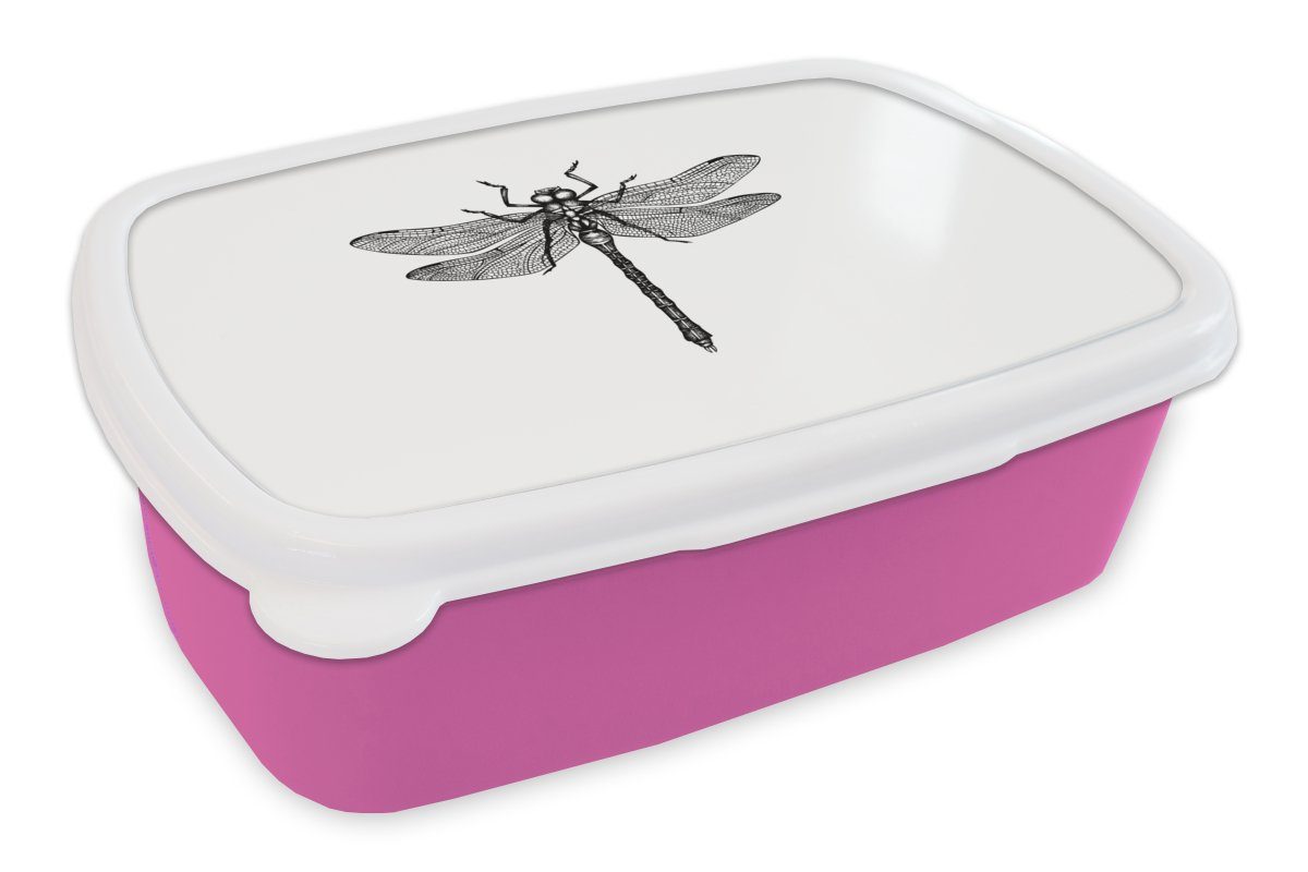 MuchoWow Lunchbox Libelle - Schwarz Retro Kunststoff, Kunststoff für rosa (2-tlg), Snackbox, Brotdose - Kinder, - Insekten Brotbox Erwachsene, Mädchen, und weiß