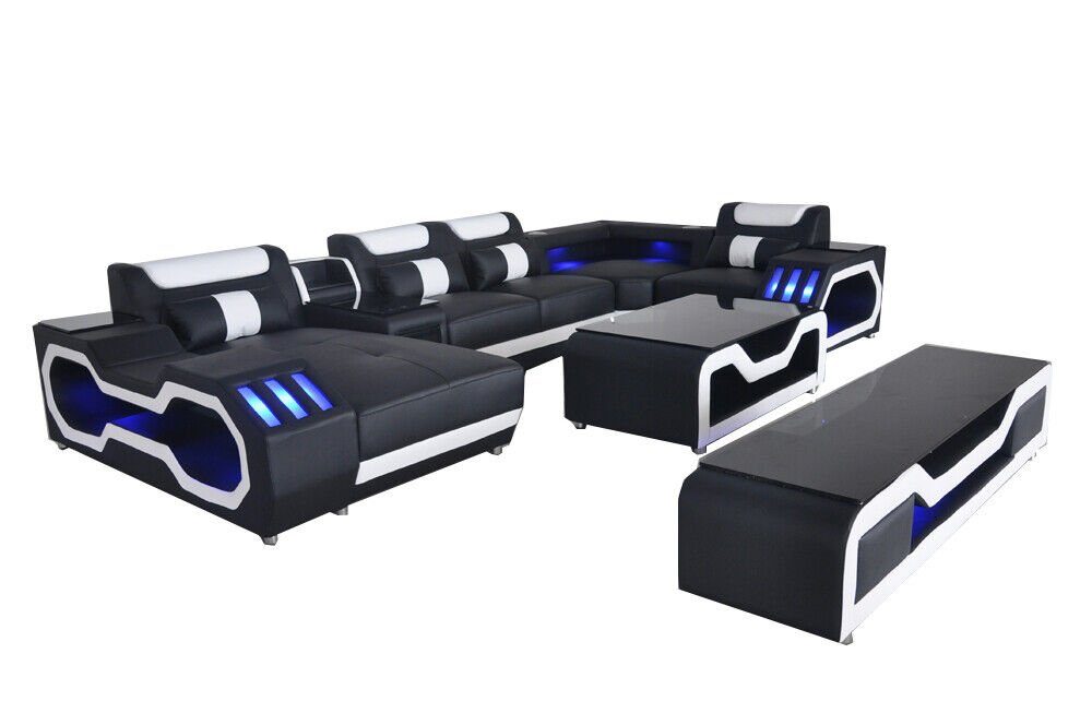 Couch + Teile Garnitur RTV Design + Wohnlandschaft 3 Eck Schwarz Sofa Tisch USB, Leder JVmoebel Ecksofa