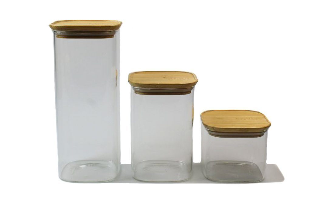 TUPPERWARE Vorratsdose Glas 1,9L + 1,1L + 550 ml Bambusdeckel Vorratsglas,  Bonboniere