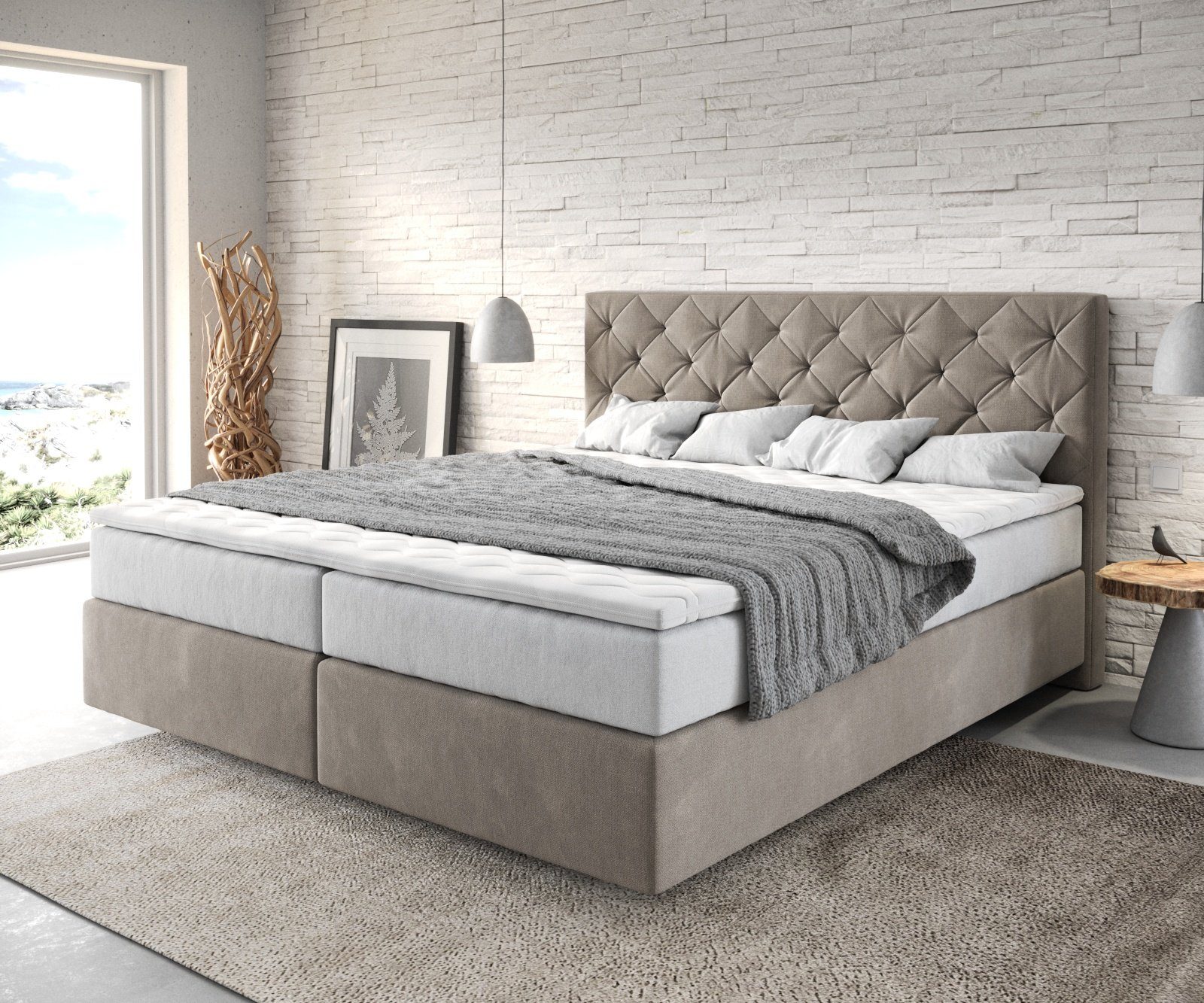 DELIFE Boxspringbett Dream-Great, Mikrofaser Beige 180x200 cm mit TFK Matratze und Visco Topper